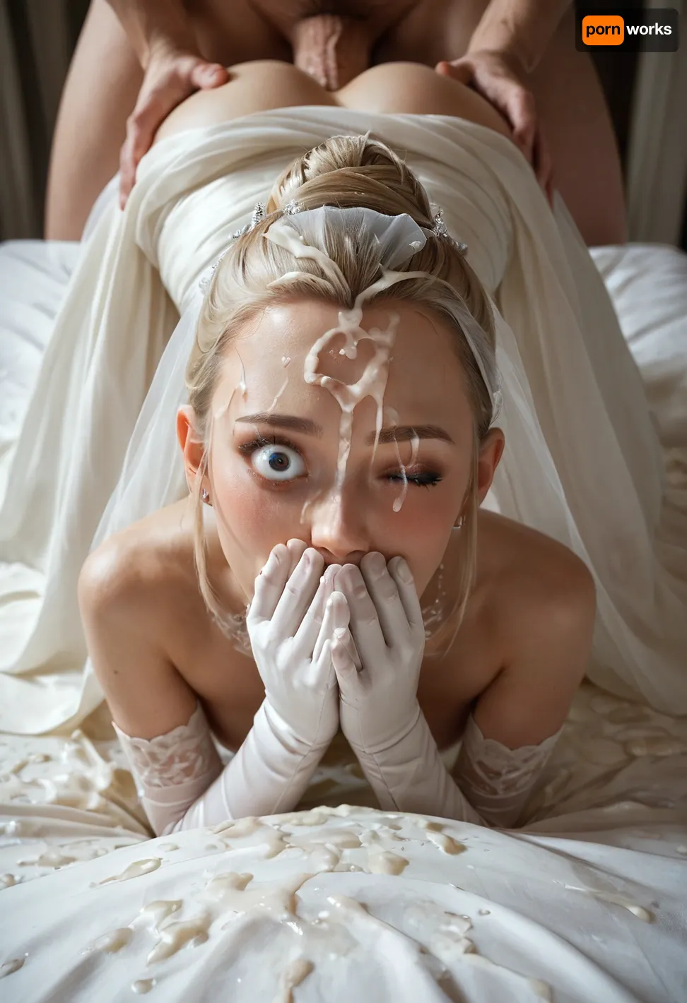 (Wide eyes:1.4), (((hands covering mouth))), (((one eye half closed:1.4))), tongue out, Blonde hair, hairbun, wedding dress, white elbow gloves, white stockings, wedding skirt lifted over ass, innocent, (cum on face), skinny body, petite, (((cum on forehead))), excessive cum on hair, (cum on clothes), cum covered face, excessive cum on ass, cum in mouth, cum on chin, cum in eyes, (((side diagonal view))), (((fucked from behind:1.6))), bedroom background, (((face down ass up))), laying on bed, 3/4 view
