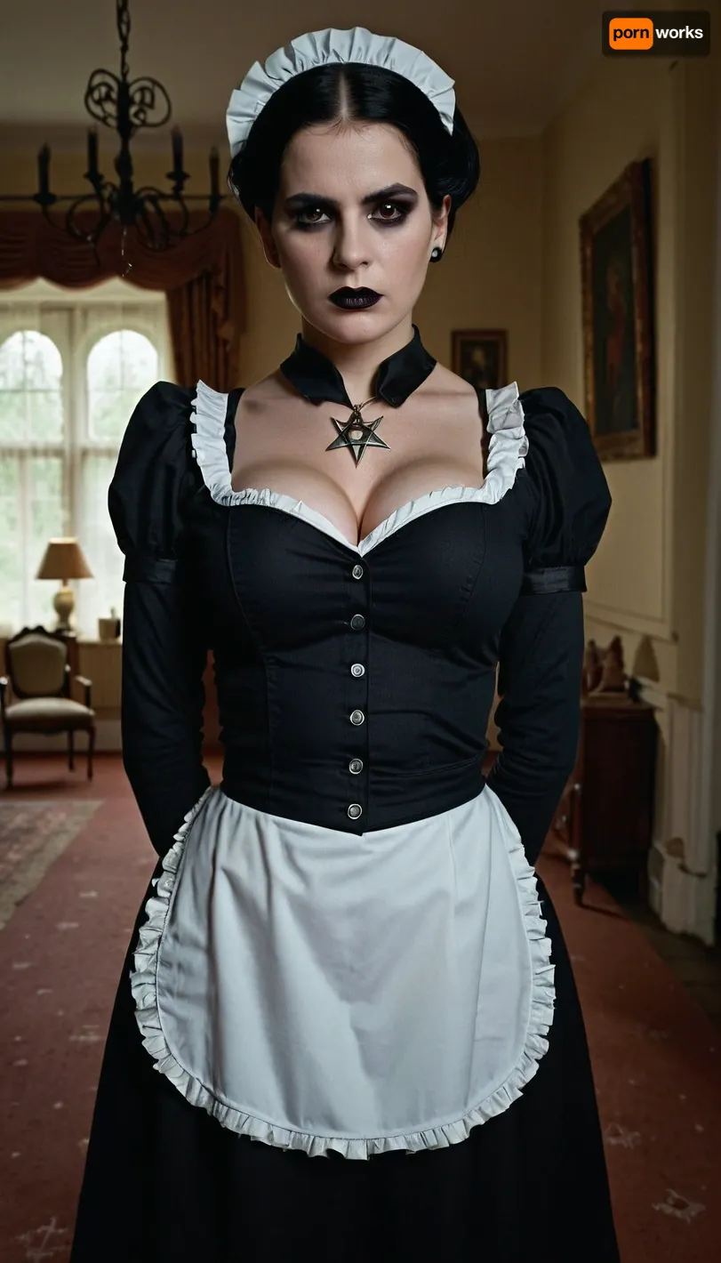 Super realistic image, full colour image, full body view, full body in frame, 8K quality, super detail, masterpiece, Young goth girl with large breasts, wearing a maid's uniform, cleaning the room, dark goth makeup, black eye shadow, black lipstick, very pale, maid's uniform very short, bodice unbuttoned almost to the waist, a medallion with a satanic pentagram around her neck, a couple of pensioners watching her in horror, whole body in the frame, body fully visible