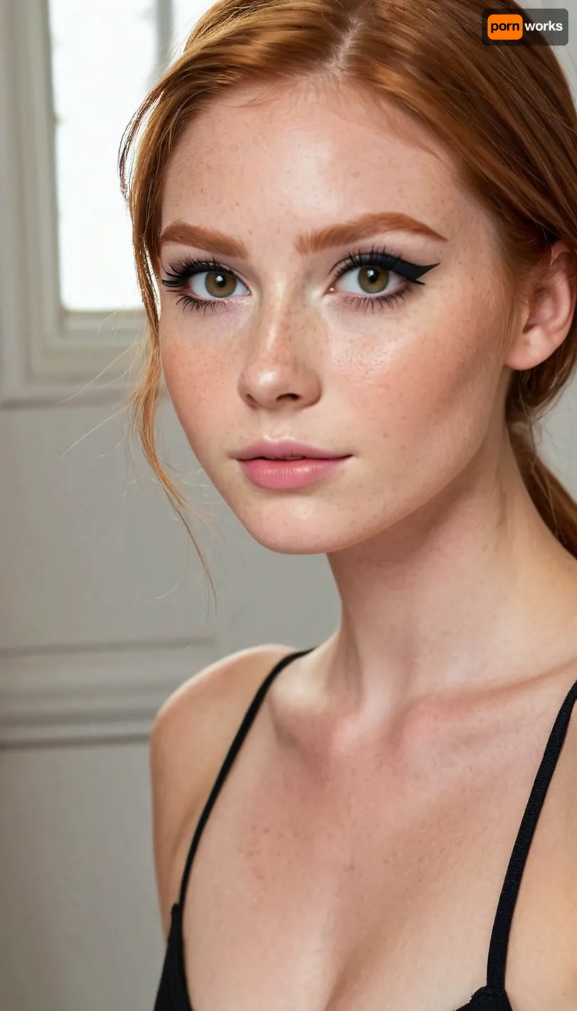 A ginger haired 21yo college student beauty, woman, completely naked, slim petite body with natural hourglass body shape, realistic skin, long opened straightened hair, straight hair, sporty, innocent smile, large bright eyes, innocent face, cute face, very naturally pretty face, stunning beautiful, cutest girl in town, (prelonged black eyeliner, eyeliner trick makes the eyes look bigger, natural bright ginger eyebrows:1.5), (full body in frame:1.4)