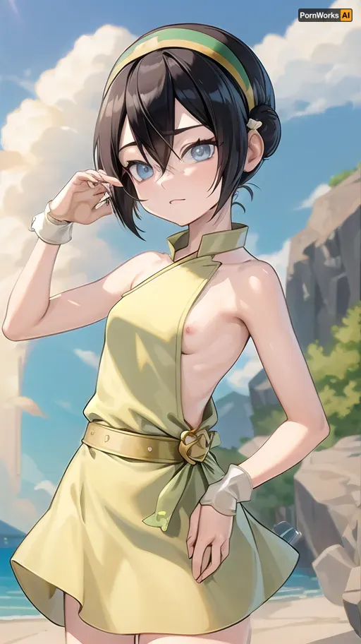 (masterpiece, best quality:1.2), lyco, (atla_tophbeifong-10:1), cowboy shot, solo, 1girl, well build gymnastic figure, toph beifong, blind, expressionless, short hair, hair bun, hairband, grey eyes, (little_girl), ((absolutely naked)), masterpiece, best quality, 360 degree view, (simple backgound), <lora:atla_tophbeifong-10:.5>, <lora:TOPH-V2:.5>, <lora:character-sheet-03:.7>