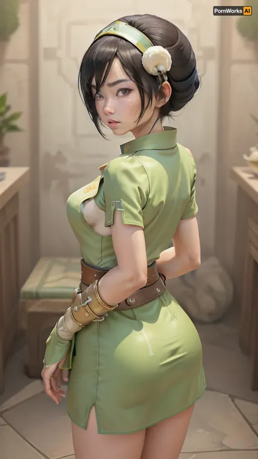 (masterpiece, best quality:1.2), lyco, (atla_tophbeifong-10:1), cowboy shot, solo, 1girl, toph beifong, blind, expressionless, short hair, hair bun, hairband, grey eyes, (little_girl), chinese clothes, chara-sheet, masterpiece, best quality, (Front and back view), 360 degree view, (simple backgound), <lora:atla_tophbeifong-10:.5>, <lora:TOPH-V2:.5>, <lora:character-sheet-03:.7>