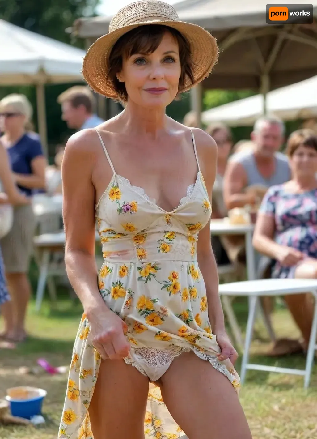 Full body view, thin face, (very long philtrum), long face, drawn face, (wrinkled face:1.2), (tanned, leathery skin), milf, 50 years old, brunette, spiky pixie cut, heavy mascara, heavy, eye line, heavy makeup, ruddy cheeks, (grumpy:1), ((embarrassed)), wearing a loose fitting floral summer frock and straw sun hat at a village fete, sitting in the tea tent, legs apart, ((dress pulled up:1.4)), ((showing her lace panties:1.2)), <lora:style_lora_realis:.8>, skirt, lift, <lora:skirtLift:.8>