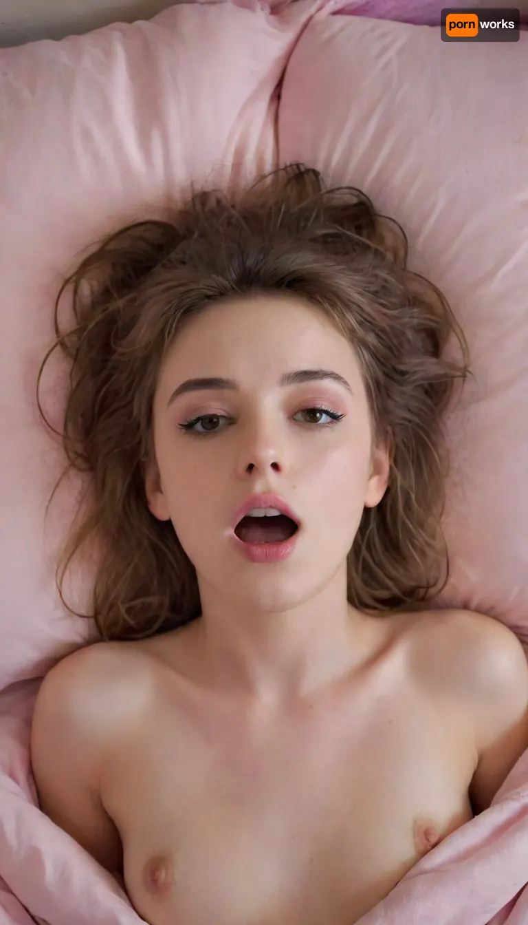 woman, excited nude thin 20yo grad student with messy hair wearing open pink silk pajamas in cluttered dorm bedroom, naked waist, orgasm face, half body shot, masturbating, unfocused gaze, open mouth, furrowed brow, looking past viewer, lying flat on her back in bed, aerial view, shot from ceiling, damp sweaty skin, nipslip, light pink nipples, Dasha, <lora:orgasmface_SDXL:.4>, <lora:Dasha_Taran_V5-000013:.8>