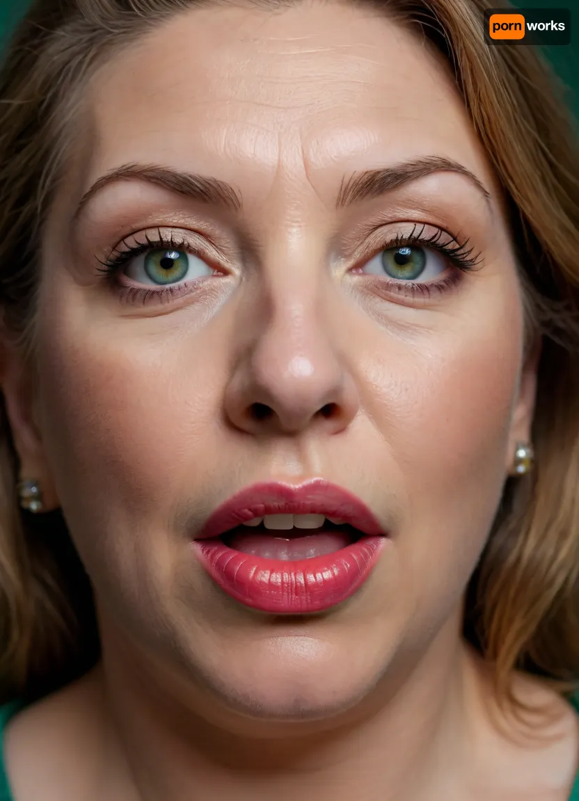 Photo of a pretty obese woman with beautiful eyes, ((Nikon Z8)), realistic matte skin, wrinkles, skin texture visible, (sharp focus), (high quality), (face visible), ((Detailed Face and Eyes)), ((Armenian woman)), ((full-frame photo)), lustful eyes, (long light brown hair), (highly detailed hair), (realistic), soft focus, analog look, insanely detailed, highest quality, green eyes, looking at viewer, (mouth open:1.3), (realistic:1.3), (shadows:.9), film camera, analog, photo, film grain, realistic face, full lips, perfect chubby face, Photo of a 65 year old mature woman, <lora:chest_adjust:.7>, <lora:add-detail-xl:.8>, <lora:DetailedEyes_V3:.5>, kissing, cum on lips, lipstick