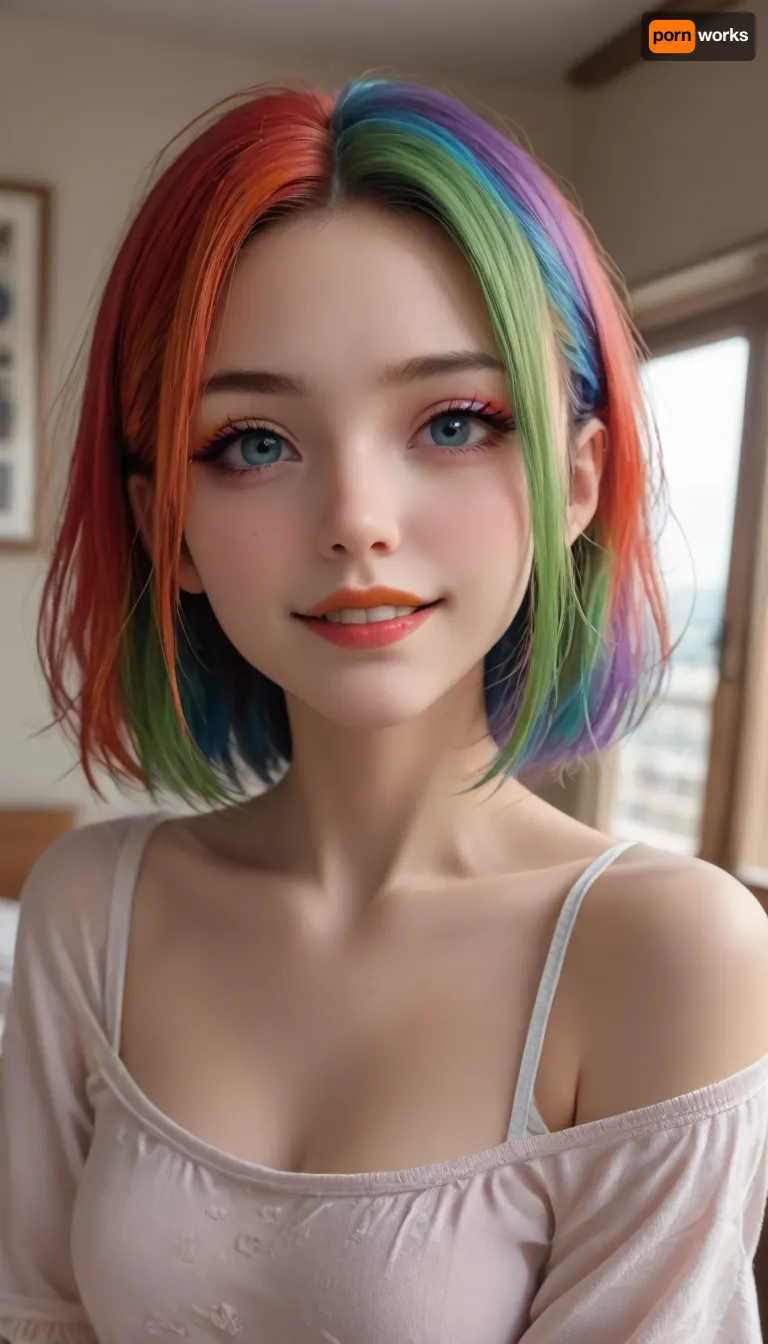 ziprealism, score_9, score_8_up, 1girl, (smug, expressive eyes), (rainbow hair, multicolor hair, eye catching hairstyle), (rainbow eyeshadow, rainbow eyeliner, rainbow lipstick), (cheek dimples, sharp chin, angular jaw, chiseled cheekbones, large doe eyes, triangular face:1.2), (intimate esthetic, tight closeup, award winning portrait, Dutch Angles:1.2), (sharp focus, focus on eyes, perfect eyes), catchlights, detailed eyes, bashful pose, sitting in front of window, streaming sunlight, off the shoulder, soft bokeh, <lora:add-detail-xl:.8>