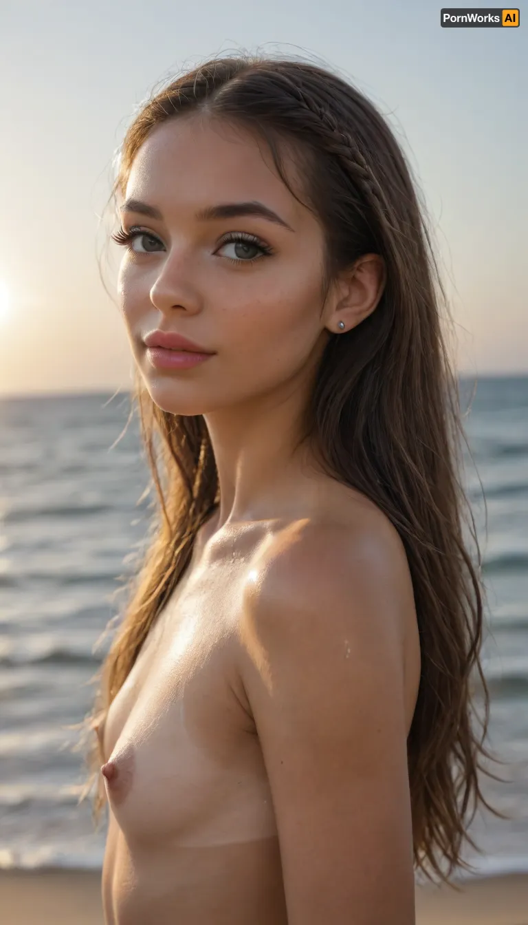 (((Very petite young girl))), smirk, (side view), (portrait focus face), ((portrait lanina girl)), (((very black straight hair))), (very long hair), close-up girl, upper body, (big eyes), perfect tight body, shiny sweaty skin, shaved smooth pussy, standing in the Maldives, beach, ocean, bright sun rays, (makeup:1.2), ((wide hips)), ((narrow waist)), (tanned skin:1.8), ((big lips)), ((oiled skin)), (((pimples moles all over the body))), (ultra realistic:1.3), (maximum quality:1.3), (high resolution:1.3), (extreme detail:1.3), (ultra realism:1.3), (maximum detailed skin:1.3), (((long big thick black eyelashes))), (((eye contact sexy look model)))