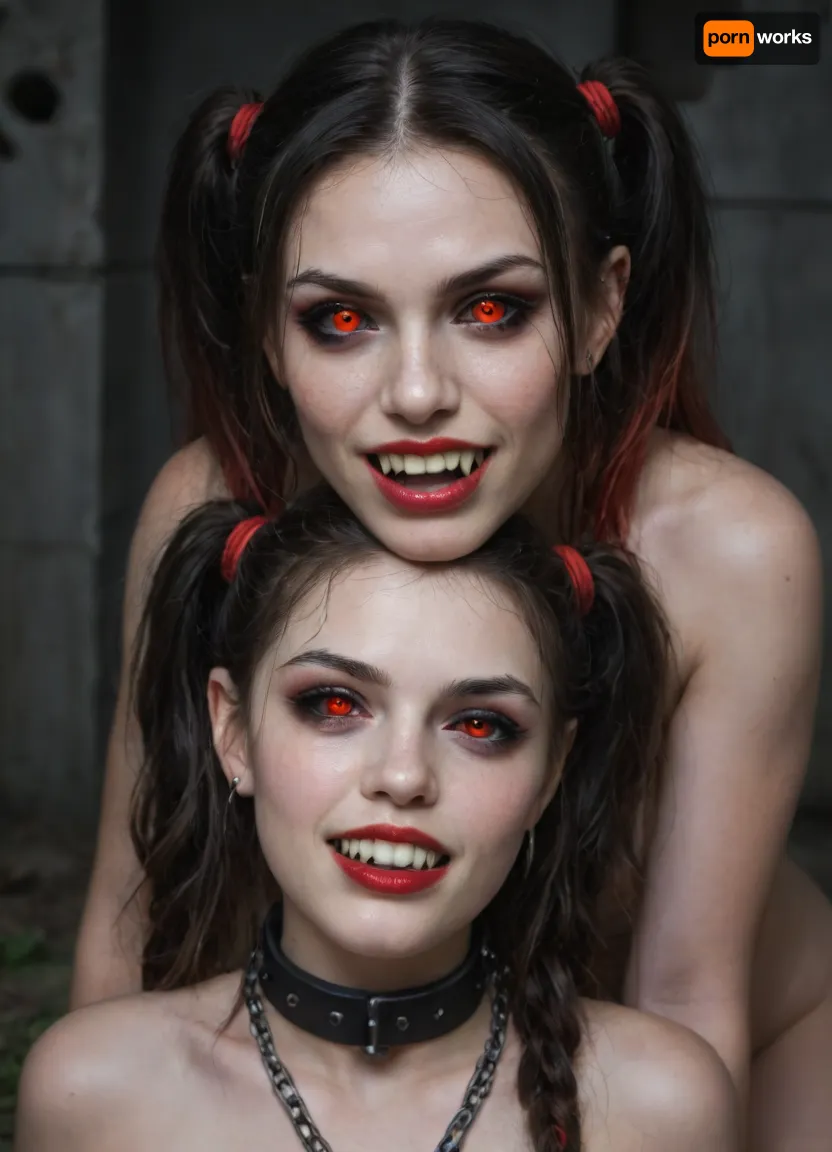 (((two 18 year old vampire girls))), midevil, glowing red eyes, black eyeshadow, sad face, closed mouth, one with black hair with rainbow hair, pigtails, red lipstick, vampire, vampire teeth, K-9 fangs, in a dark graveyard, bound in chains, pale skin, pale, skin, <lora:Pale_Skin_SDXL_v1.0:.8>, <lora:ahxl_v1:.8>, Subspecies, style, <lora:Subspecies style:.8>, Perfect, Fangs, fangs, sharp, teeth, fang, <lora:Unfazed vampire - XL SDXL V1.0:.8>, black, sclera, eyes, <lora:black sclera:.8>