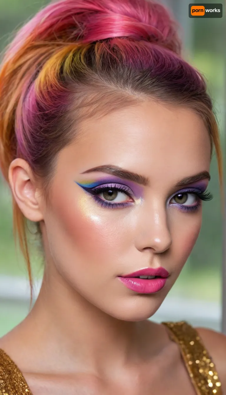 ziprealism, (smug, expressive eyes), (makeup model, extravagant makeup, glam makeup, bold makeup, glamorous esthetic, making a statement), (rainbow hair, multicolor hair, provocative hairstyle), (rainbow eyeshadow, rainbow eyeliner, vivid lipstick, heavy eyeshadow, shimmering eyeshadow, metallic eyeshadow, glittering blush:1.4), (rainbow face paint), (cheek dimples, sharp chin, chiseled cheekbones, triangular face, full lips), (hyper-feminine facial features), (medium closeup, professional lighting, award winning portrait, Dutch Angles), (sharp focus, focus on eyes, perfect eyes), vibrant colors, high saturation, catchlights, detailed eyes, (subtle freckles and skin imperfections:.4), sitting in front of window, streaming sunlight, off the shoulder, natural skin texture, soft bokeh, <lora:add-detail-xl:.8>