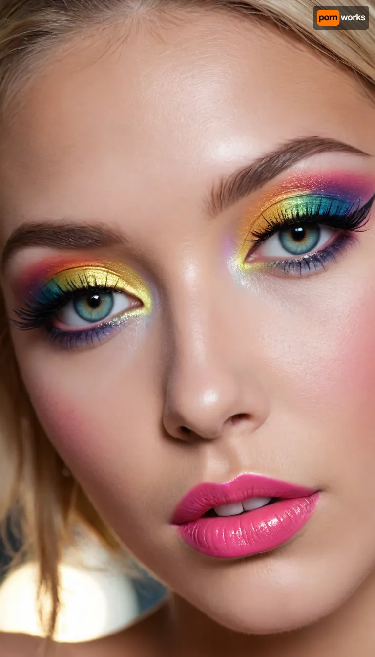 ziprealism, (smug, expressive eyes, breathtaking eyes), (makeup model, extravagant makeup, glam makeup, bold makeup, provocative snapshot esthetic, making a statement), (silky hair, provocative hairstyle), (rainbow eyeshadow, rainbow eyeliner, vivid lipstick, heavy eyeshadow, shimmering eyeshadow, metallic eyeshadow, glittering blush, long eyelashes:1.4), (rainbow face paint), (cheek dimples, sharp chin, chiseled cheekbones, triangular face, full lips), (hyper-feminine facial features), (medium closeup, professional lighting, award winning portrait, tight focal length, rule of thirds framing:1.2), (sharp focus, focus on lips, perfect eyes), vibrant colors, high saturation, catchlights, detailed eyes, (subtle freckles and skin imperfections:.4), sitting in front of window, streaming sunlight, off the shoulder, natural skin texture, soft bokeh, <lora:add-detail-xl:.8>