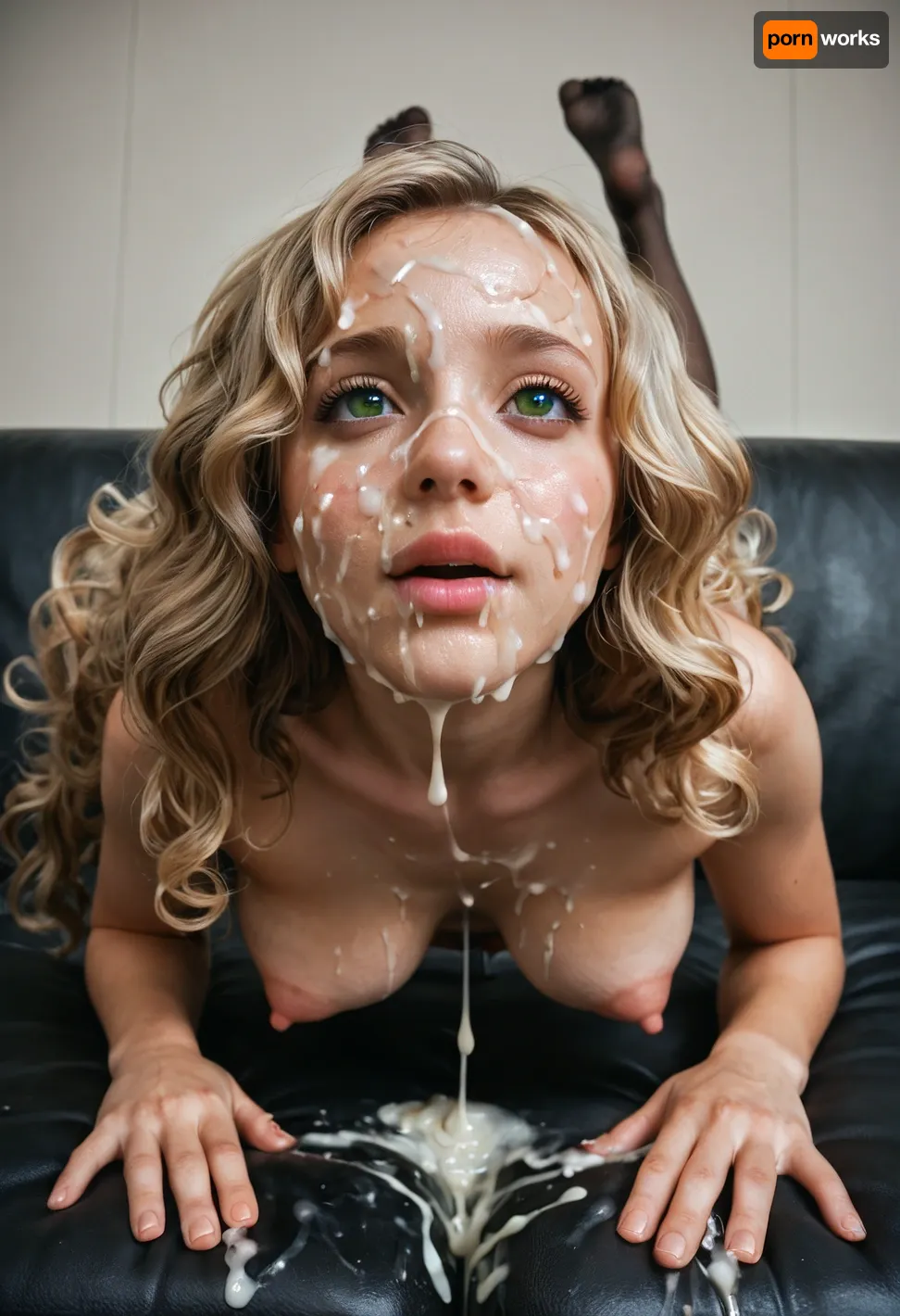 full body shot, 33 years old, close up body shot of her bukkake, lying back on a sofa, viewed from below and side, arms open wide, legs up and open, eyes looking off to the side, head tilted slightly upwards, shy happy, dark green eyes and hd iris, ((Long wavy hair with fringe)), (), ((shy and looking away)), realistic thick wet runny cumshots, cum facial, with natural minimal makeup, a lot of Cum on her face, cum on eyelashes, excessive extreme cumshots dripping down her body, (small saggy pointy breasts), (huge puffy erect areola, puffy pointy erect nipples), thick nipples, thick gooey cum dripping from breasts, Cum on her eyelids, Cum on her cheeks, her face wet with runny wet Cum, Cum on her pink lips. Cum on her hair, excessive cum is dripping from face down her body, bukkake cum between breasts, woman, cum, on, face, (blonde marinette), <lora:JustCum:.1>
