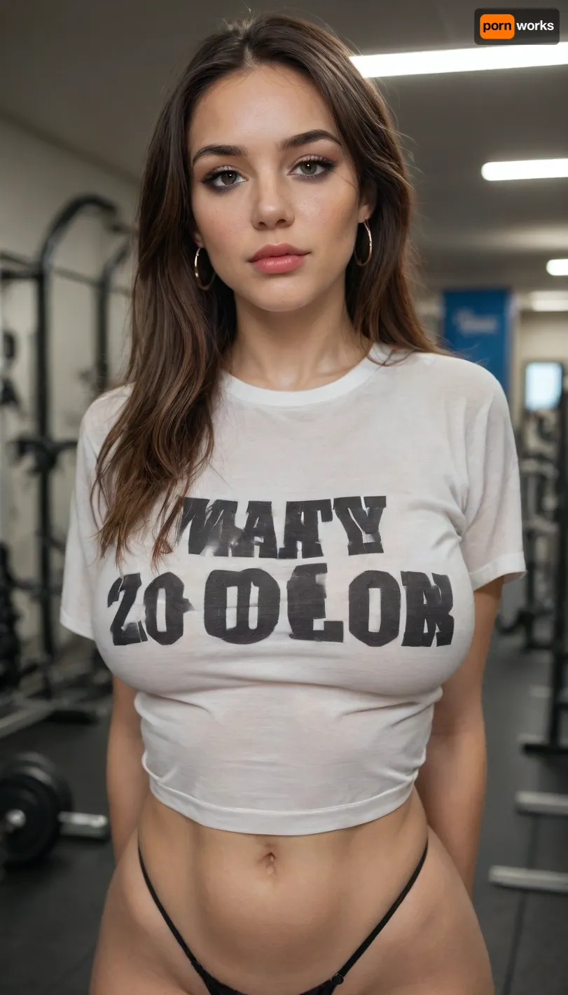 40 year old woman, beautiful, long hair, brown hair, heavy makeup, fake tits, tanned skin, wearing tight tshirt and thong, huge boobs, round boobs, slightly sagging boobs, no bra, very hot, at the gym, T-shirt says “no bra club”