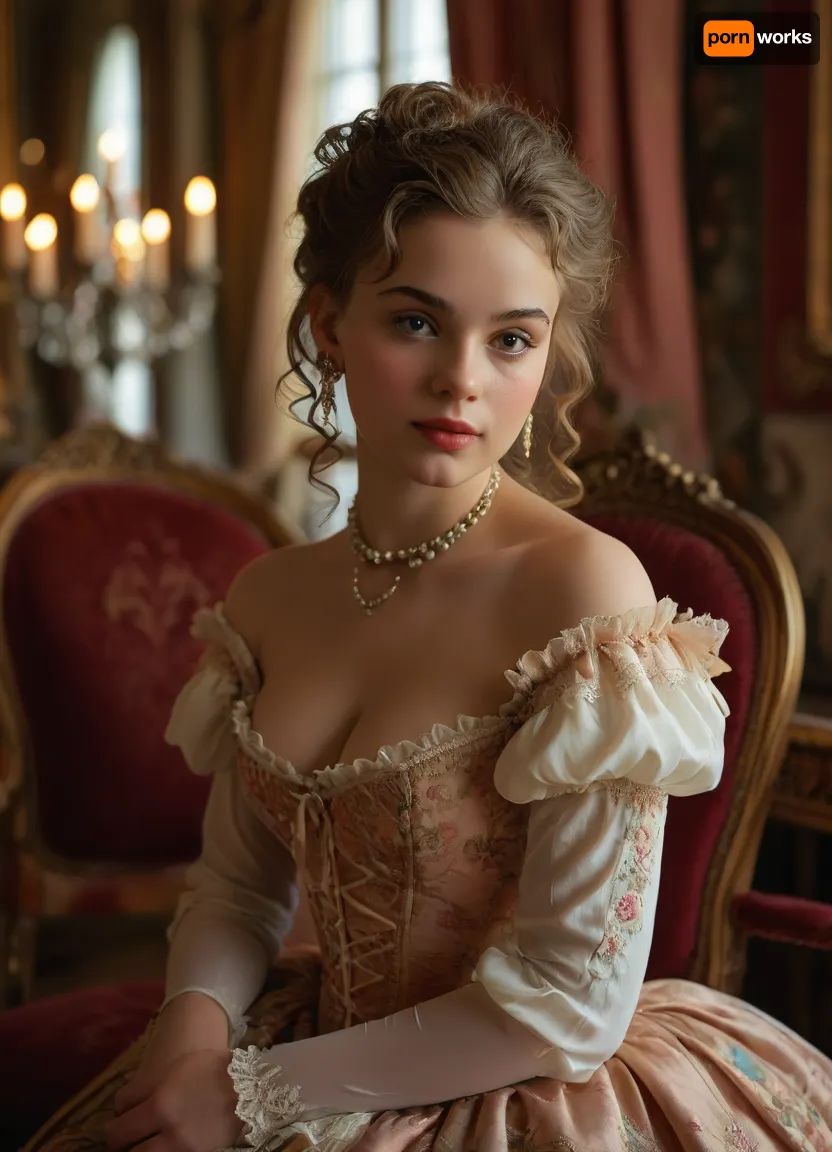 (masterpiece, best quality, ultra-detailed, photorealistic, HDR, every plane in sharp focus, all details highly defined), Eliška, graceful young Czech woman, about 18 years old, with a refined aristocratic face, very large almond-shaped hazel eyes, long curled lashes, thin arched brows, high cheekbones, straight delicate nose, rosy blush high on her cheeks, small heart-shaped lips in soft rose, serene and elegant smile, flawless porcelain skin, extremely long thick chestnut hair styled in an early 1740s rococo coiffure, medium-high powdered bouffant with soft rolls and side curls, decorated with pastel silk ribbons, pearl strings, gold and pearl hairpins, small silk roses, and several delicate ringlets framing her cheeks, pronounced hourglass figure with, (large full tight breasts:1.2), ultra-narrow conical corseted waist, (fully revealed navel and bare waist, the full upper part of her very wide hips and thighs clearly visible:1.2), wearing a true 1740s-inspired white batiste chemise blouse with gathered neckline, short ruffled sleeves, embroidered and boned stomacher, tightly laced conical rococo corset, ultra-short tartan overskirt styled as a modern mini skirt with velvet ribbon trim, sitting very low on the hips, revealing her navel, bare waist, and upper part of her wide hips and thighs, sheer nude silk over-the-knee stockings with decorative embroidered clocks, ivory Louis XV shoes with curved heels and silver buckles, triple-strand pearl necklace, ornate gold bracelet, pearl drop earrings, elegantly seated on a rococo carved velvet chair in a sumptuous Prague art café in the style of the 1740s, gilded carved wood paneling, pastel floral wall murals, tall windows with lace curtains, marble tables, crystal chandeliers, brass candelabra, fresh roses and ferns, warm sunlight, luxurious baroque and early rococo ambiance, makeup is refined and accurate, rosy blush high on the cheeks, softly powdered skin, delicately defined eyes, soft rose lips, every finger of both hands precisely rendered with five distinct non-fused fingers, all facial features, eyes, and lashes perfectly defined, <lora:MJ52:1>, <lora:SDXLHighDetail_v6-000005:.8>, <lora:Microwaist_XL_v01:.8>