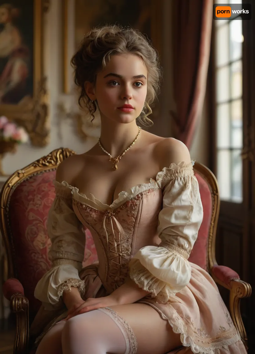 (masterpiece, best quality, ultra-detailed, photorealistic, HDR, every plane in sharp focus, all details highly defined), Eliška, exquisite young Czech woman, about 18 years old, with an aristocratic and refined face, very large almond-shaped hazel eyes, long curled lashes, finely arched brows, high cheekbones, straight delicate nose, subtle rose blush, small heart-shaped lips in soft rose, demure and elegant smile, flawless porcelain skin, extremely long thick chestnut hair styled in a towering 1770s rococo pouf updo with powdered effect, adorned with pastel silk ribbons, strings of pearls, small silk flowers, (roses, violets), gold and pearl hairpins, and a few delicate curls framing her face, striking pronounced hourglass figure with, (large full tight breasts:1.2), ultra-narrow corseted waist, (fully revealed navel and bare waist, the full upper part of her very wide hips and thighs clearly visible:1.2), wearing an authentic 1770s-inspired off-shoulder chemise blouse of fine white batiste with gathered neckline, short ruffled sleeves, and a lavishly embroidered stomacher, tightly laced conical corset, ultra-short rococo tartan mini skirt with velvet ribbon trim, sitting very low on the hips, revealing her navel, bare waist, and upper part of her wide hips and thighs, sheer nude silk over-the-knee stockings with fine decorative clocks, ivory Louis XVI lace-up shoes with small heels and gold buckles, triple-strand pearl necklace, ornate gold bracelet, pearl drop earrings, gracefully seated on an ornate velvet chair in a grand Prague art café richly decorated in late rococo and Louis XVI style, gilded carved woodwork, pale pastel walls with delicate floral murals, tall windows draped in lace, crystal chandeliers, marble tables, brass candelabra, fresh roses and violets, soft daylight, opulent aristocratic ambiance of the 1770s, makeup is light and classic, gentle rose blush high on the cheeks, delicately defined eyes, thin arched brows, soft pink lips, every finger of both hands precisely rendered with five distinct non-fused fingers, all facial features, eyes, and lashes perfectly defined, <lora:MJ52:1>, <lora:SDXLHighDetail_v6-000005:.8>, <lora:Microwaist_XL_v01:.8>