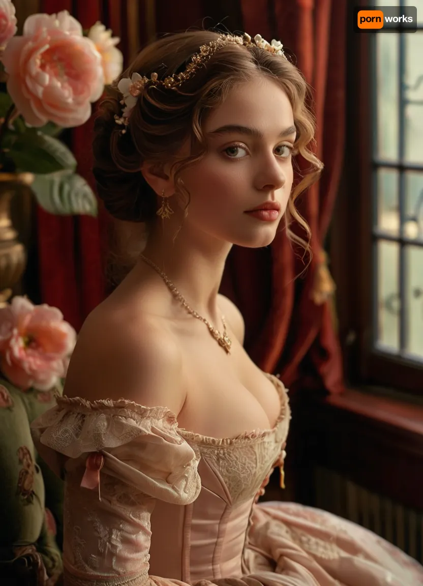 (masterpiece, best quality, ultra-detailed, photorealistic, HDR, every plane in sharp focus, all details highly defined), Eliška, graceful young Czech woman, about 18 years old, with a delicate and refined face, very large almond-shaped hazel eyes, long curled lashes, soft arched brows, high cheekbones, straight slender nose, gentle rosy blush, small heart-shaped lips in soft coral pink, demure and gentle smile, flawless porcelain skin, extremely long thick chestnut hair styled in an elaborate 1860s Victorian updo with braided crown and ringlets, decorated with gold and pearl hairpins and silk camellia flowers, with artfully loose tendrils framing her face, striking and pronounced hourglass figure with, (large full tight breasts:1.2), ultra-narrow corseted waist, (fully revealed navel and bare waist, the full upper part of her very wide hips and thighs clearly visible:1.2), wearing an 1860s-inspired ivory lace off-shoulder blouse with wide puffed sleeves, fitted bodice richly embroidered, deep curved neckline, tightly laced corset, ultra-short vintage tartan crinoline-style skirt with velvet ribbon trim, sitting very low on the hips, revealing her navel, bare waist, and the upper part of her wide hips and thighs, sheer nude silk over-the-knee stockings, ivory Victorian lace-up ankle boots, triple-strand pearl necklace, ornate gold bracelet, delicate pearl earrings, elegantly seated on a carved velvet chair in a grand Prague art café decorated with dark polished wood, large stained-glass windows, marble tabletops, brass oil lamps, arrangements of ferns and fresh camellias, soft filtered sunlight, opulent mid-19th-century ambiance, makeup is soft and natural with gentle blush, defined eyes, coral pink lips, every finger of both hands precisely rendered with five distinct non-fused fingers, all facial features, eyes, and lashes perfectly defined, <lora:MJ52:1>, <lora:SDXLHighDetail_v6-000005:.8>, <lora:Microwaist_XL_v01:.8>