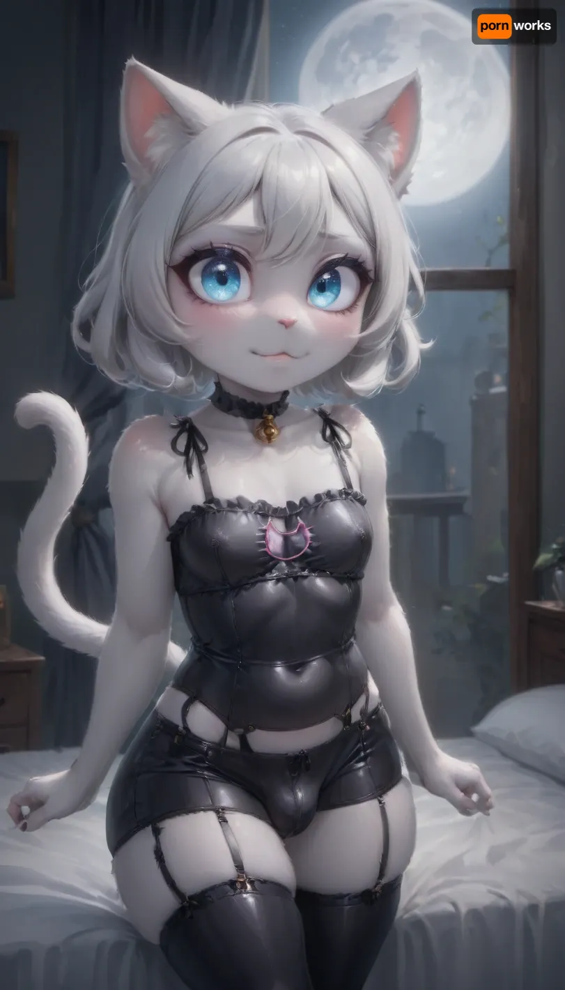 1femboy, ((furry silver point Siamese cat in latex lingerie in bedroom at night with moon in window and moonlight)), cat anthro, looking at viewer, ashamed, blushing, short soft silky fur, cats head, alone, makeup, ((very black)), horse cock, feminine, cute, curvy, thick ass, femboy dick outline bludge in pants showing, crystal blue eyes, innocent, young, seductive smile, <lora:FursuitXL:1>, <lora:Hegre-:.5>, long shimmering silver hair, Nude_woman-000001, .5>, black latex boyshorts, sex eyes, black nipples, shortstack cute, thick toned thighs, latex stockings, presenting, precum