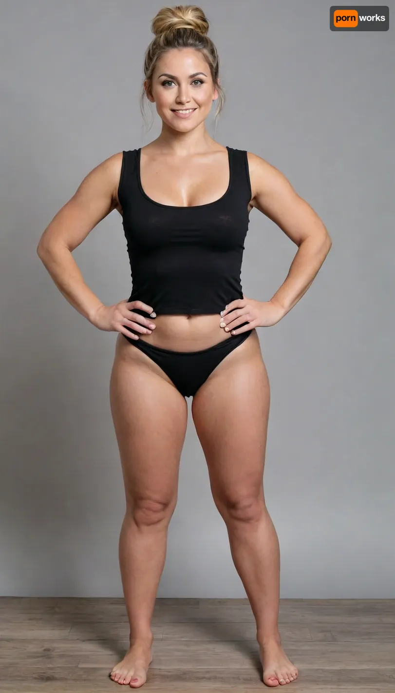 She is 45 years old female mom, wife, her height is 175cm., ((smokey blonde thick hair up fully in a messy bun)), .
long round oval face, nice closed smile, blue eyes, (small bust), Sun Tanned skin, fake tan.

Standing perfectly straight in view, facing the viewer, Female form, Palms facing the viewer, feet stood apart, arms to her side, ready to have a full body scan.
Standing on a flat plinth.
Standing on electric scales, presenting herself like a Human trophy.

Wearing tight blue jeans, loose black shirt with rolled up sleeves, with brown white bottom loafers, Before and after weight loss pic, side by side.

Blank black background, blank backdrop.

perfect hands, perfect feet, natural looking.
3D model t-pose pose for a game character file.
Crucifix style pose.

belly bulge, (little bit of cellulite), elegant woman, mature beauty, slim figure, light tiredness, realistic aging., (medium to full figure:1), (natural soft belly:1.1), (curvy body:1.2), (soft figure:1.2), real.

round wide hips, thin waist, thin thighs, slim legs, Full body, Realistic body detail and textures. Staring directly at the viewer, eye contact.
very, flash.
astonrichardsxl.