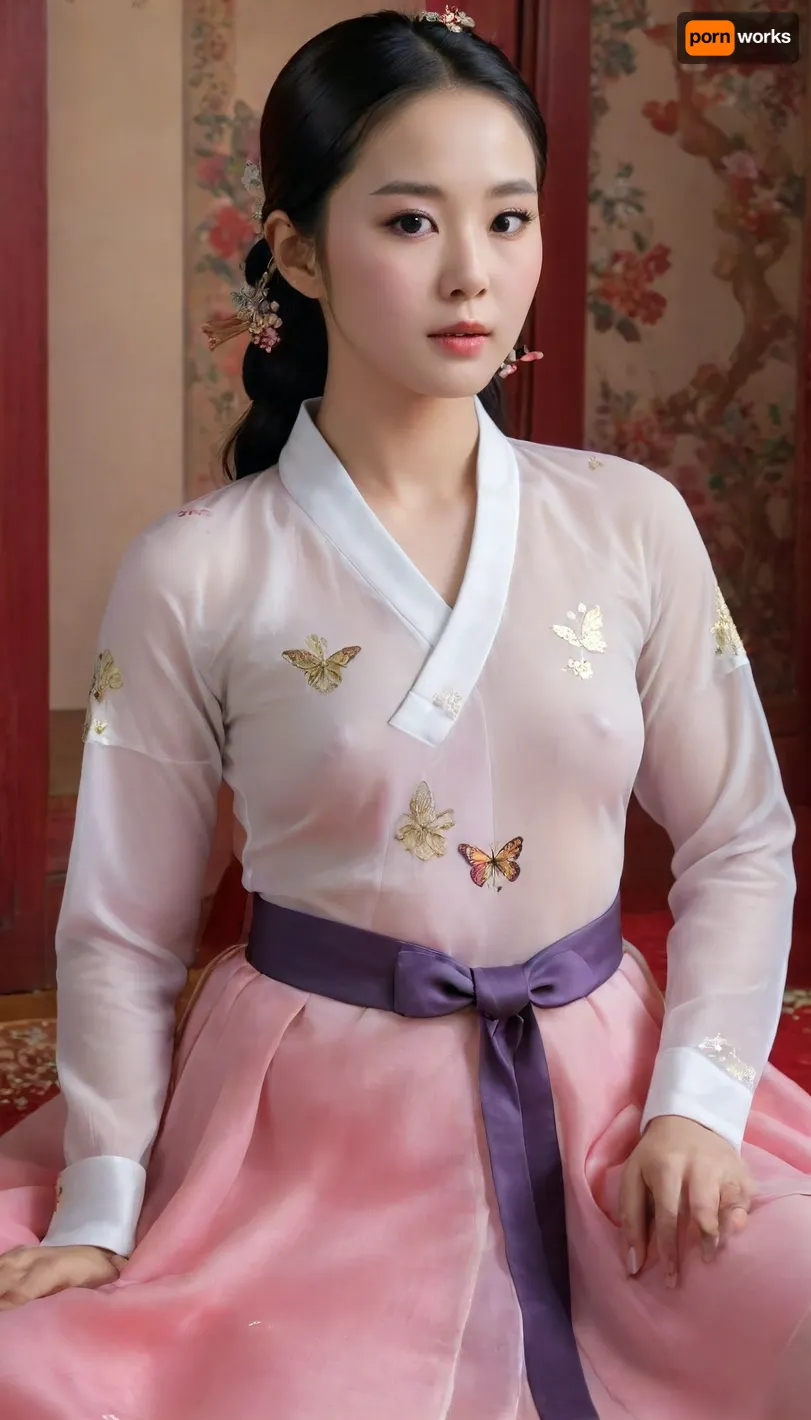 A realistic painting of a beautiful korean goddess wearing a sheer chiffon hanbok that reveals the shadow of her charming curves. Her black shiny hair is decorated with butterfly-shaped gemstone accessories. Her round and natural eyes sparkle like stars in the night. Her cheeks are soft and rosy like peaches. Her lips are as red as a cupid's bow. Her waist is slim but curvy. Her small breasts are towering high and her nipples perking. She sits on the red couch with her legs spread and one knee up like a masculine woman. Her skin is white and shiny. Her thighs are slender and smooth like white porcelain. Her bald pussy looks tight and narrow like a red thin line., hanbok, dangui, braless, Wearing, clothes, that, make, sense, with, Braless>, <lora:xl_more_art-full_v1:.8>, <lora:SDXL_Dangui_LoRA_beta4:.8>, <lora:bralessSDXL_v1_00022:.8>