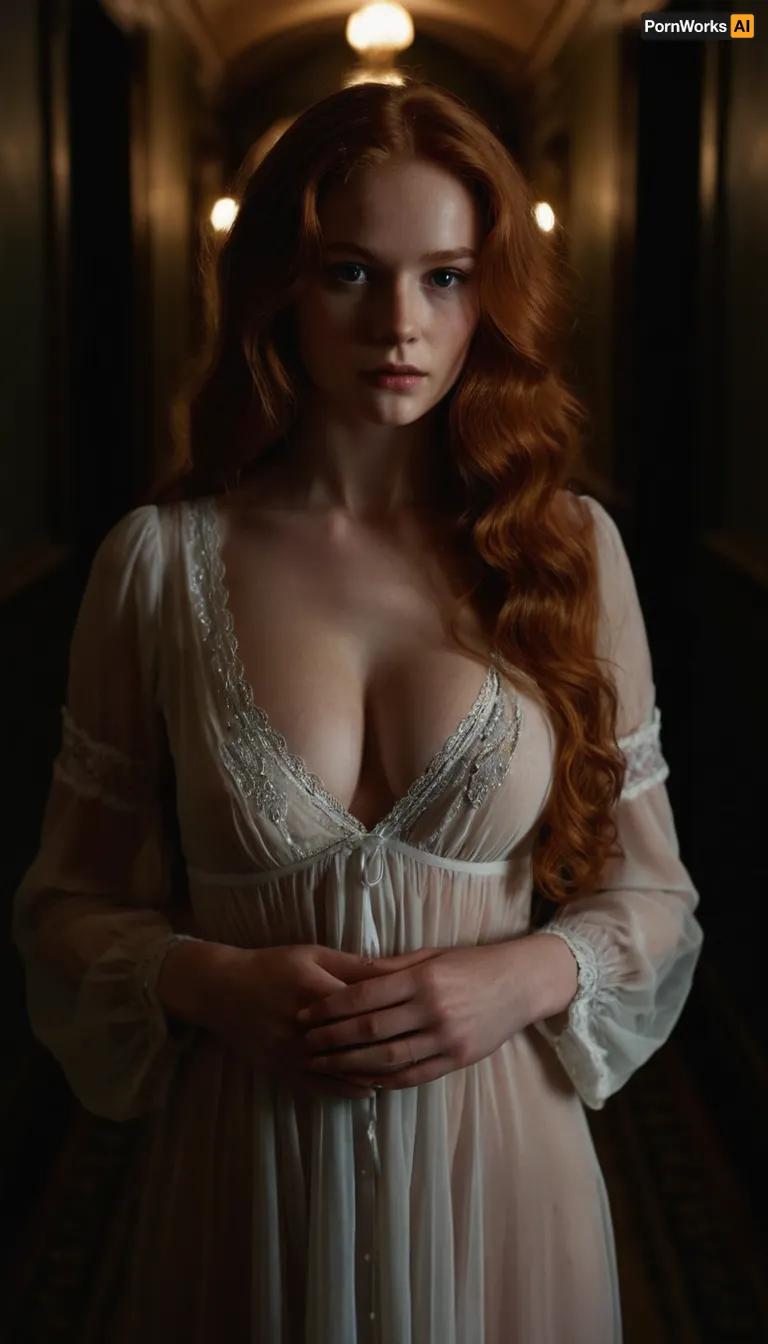 stunning beautiful gorgeous young victorian girl, 18 years old, long ginger hair, wearing a semi- transparent old fashioned sexy nightgown, deep cleavage, in the, (((dark hallway))), of the mansion, Beautiful detailed face, (perfect eyes:1.1), (perfect skin:1.1), (perfect big breasts:1.1), (perfect body:1.1), (perfect hands:1.1), (perfect finger:1.1), (perfect fingernails:1.1), Photorealistic, RAW, analog, best quality, 8k, HD, DSLR, Fujifilm XT3, film grain, award winning