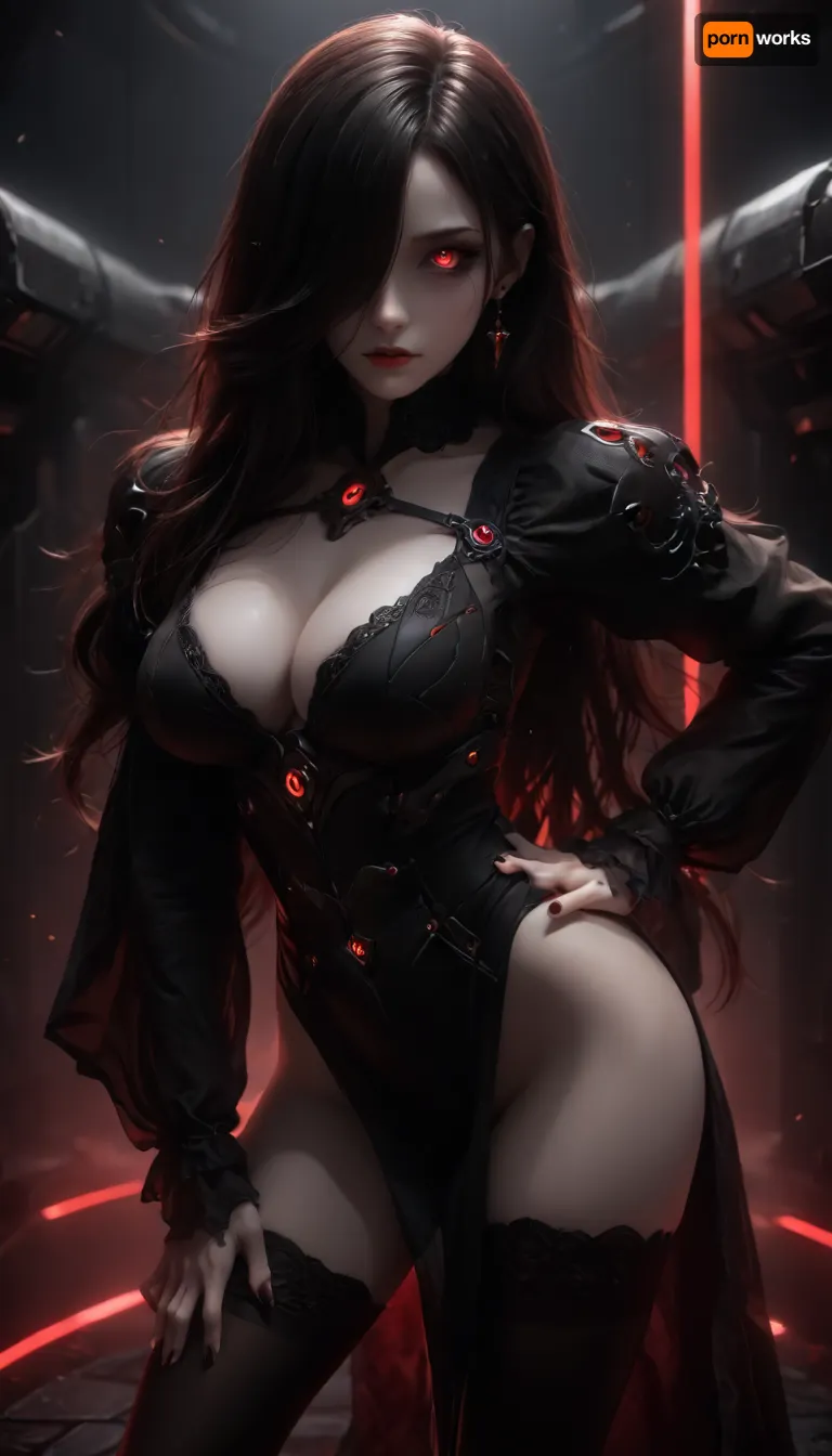 (girl standing in a spaceship with red lighting:1.3), (black sclera eyes), (black hair), (perfect long flat hair), ((robotic black mecha armor:1.2)), ((very pale skin:1.5)), earrings, (perfect big beautiful eyes:1.8), (perfect face:1.3), (8k), (extremely dark spaceship), dark, chiaroscuro, low-key, UHD 8K, extreme realism, maximum detail, Gothic girl, cute, charming girl, looking directly at the viewer, a light inviting smile, slender figure, black+red, beautiful elastic ass, sexy feminine hips, sexy legs, black stockings, red glowing pupils, all in black+red shades, (Multicolour Hairstyle), black+red eyes, black+red makeup, black+red jewelry, black+red glowing background, multicolour glossy black+red, ((big breasts)), ((dynamic pose)), ((perfect breasts)), ((hair hanging over one eye:1.5)), ((perfect face)), ((focus on face)), ((fully clothed:1.3)), <lora:Mecha_Ggorgeous_Armor-000011:1.1>, <lora:Image Enhancer XL Extreme v1:.1>, <lora:zavy-cntrst-sdxl:.8>, <lora:dark:.1>, ((perfect ass)), ((dynamic Pose)), Stockings, ((Hand ON hip))