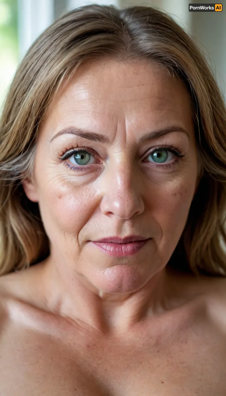 (male pov, holding penis), Photo of a pretty woman with beautiful eyes, ((Nikon Z8)), realistic matte skin, wrinkles, skin texture visible, cleavage, saggy, (sharp focus), (high quality), (face visible), ((Detailed Face and Eyes)), ((Norwegian Scandinavian woman)), ((full-frame photo)), lustful eyes, (long brown hair with silver streaks), (highly detailed hair), (realistic), soft focus, analog look, insanely detailed, highest quality, green eyes, looking at viewer, (realistic:1.3), (shadows:.9), film camera, analog, photo, film grain, realistic face, perfect face, Photo of a 65 year old mature woman, RAW photo, subject, (fine skin detail:1.1), 8k UHD, soft light, high quality, Fujifilm XT3, dynamic angle, (fat, obese, Fat, with a excited fat face, wrinkles, sagging, small breast), <lora:add-detail-xl:.8>, <lora:DetailedEyes_V3:.5>