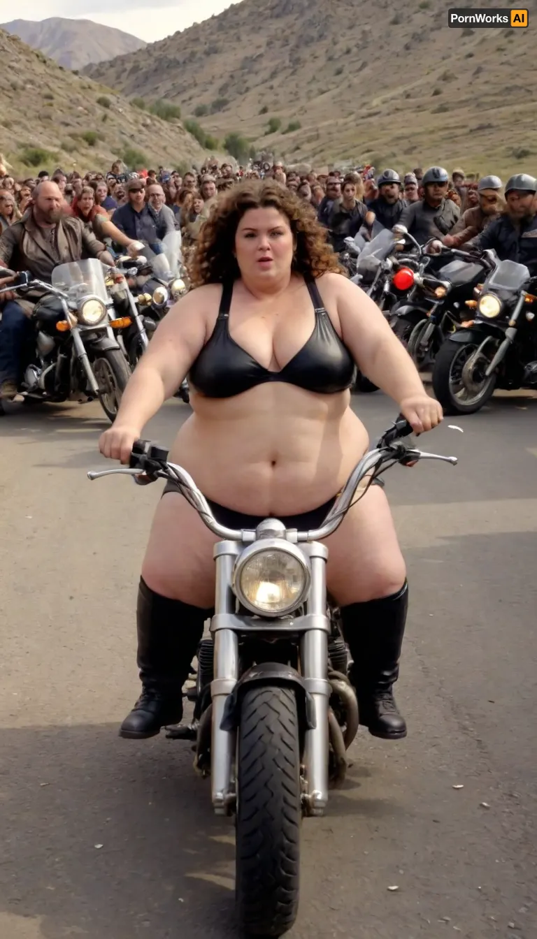 Full body, 1woman, fat obese overweight, Chubby curly-haired burning brunette biker woman, (Bangs fall down on the forehead), of middle age on a big, hard motorcycle in a mountains, no bra, Surrounded by a crowd of hairy and bearded bikers, ivening, megachubsdxl, morbidly, obese, <lora:megachubsdxl_13:.8>