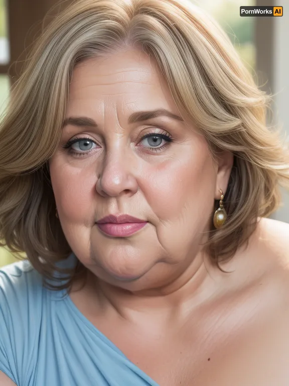 (obese:1.5), mature Woman named Lubica, stepaunt, gilf, fat, bbw, 65 year old mature women, brown hair with layered highlights, bright blue eyes, looking at viewer, ruddy cheeks, wrinkles, Chubby, Plump, Fat, Rolls, ultra realistic professional photography, detailed skin, detailed eyes, wrinkled face, (stretchmarks), RAW photo, subject, (fine skin detail:1.1), 8k UHD, soft lighting, high quality, film grain, Fujifilm XT3