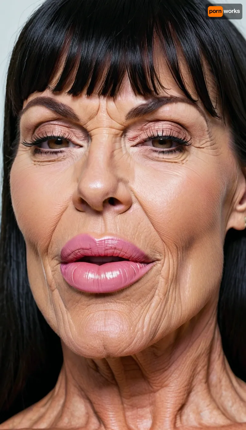 side view face, shiny black very long blunt bangs hair, much muscle stiration, bigger lips, big mouth, strong big botox lips, close up mouth, naked happy swedish muscle milf, wrinkled face, old wrinkled body, just side view face, pink lips, boobs, closing her broad mouth, wide lower jaw
