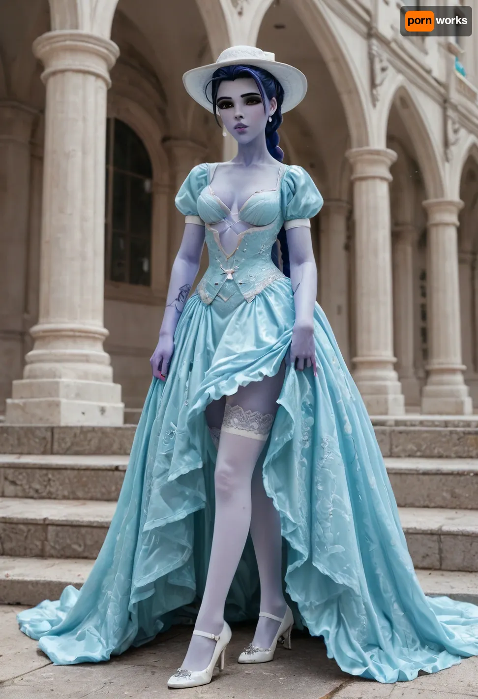 ((((widowmaker blue skin only one long braid)))), 19th century, a very beautiful aristocrat, white cap, white stockings, elegant ladies' shoes, narrow hips, beautiful blue dress, raised hem of her dress, stockings are visible, Victorian, (((Medium view)))