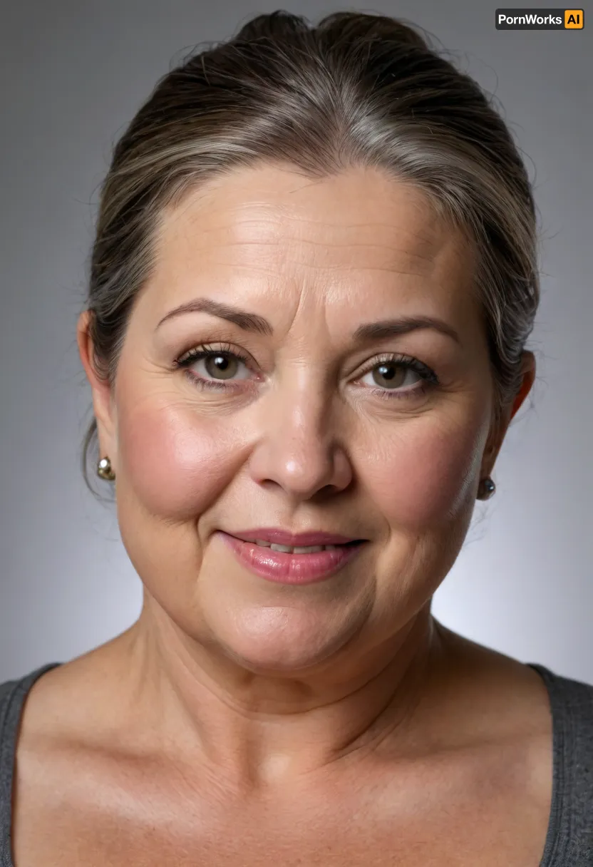 (1 woman), (mature:1.2), milf, gilf, ((brunette hair with gray highlights)), ponytail, (mature 65 year old woman), very realistic, (facial wrinkles:1), perfect light, soft lightning, looking at viewer, (upper body view), (plump lips), ((smiling)), ((bright eyes)), (chubby face:1.5), (blank background), studio lighting