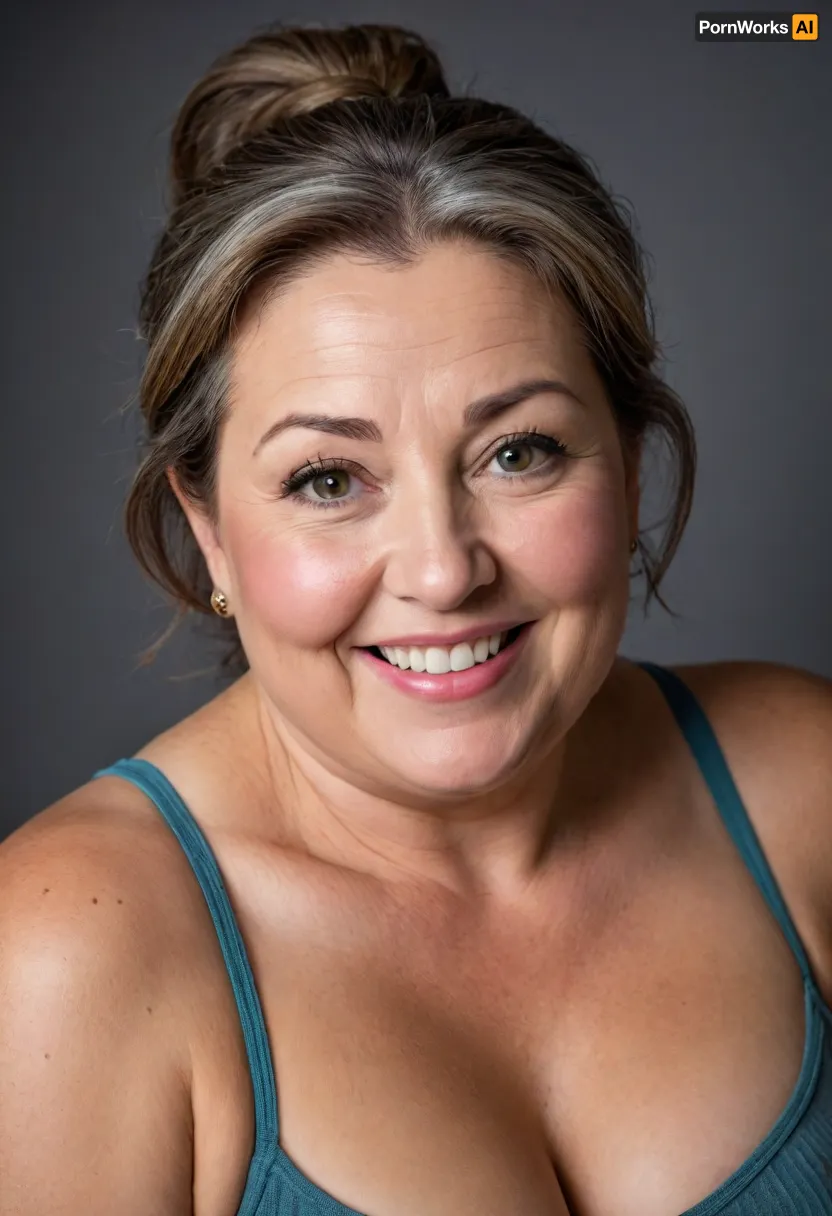 High angle shot, (1 woman), (mature:1.2), milf, gilf, ((brunette hair with gray highlights)), ponytail, (mature 65 year old woman), very realistic, (facial wrinkles:1), perfect light, soft lightning, looking at viewer, (upper body view), (plump lips), ((smiling)), ((bright eyes)), (chubby face:1.5), (blank background), studio lighting
