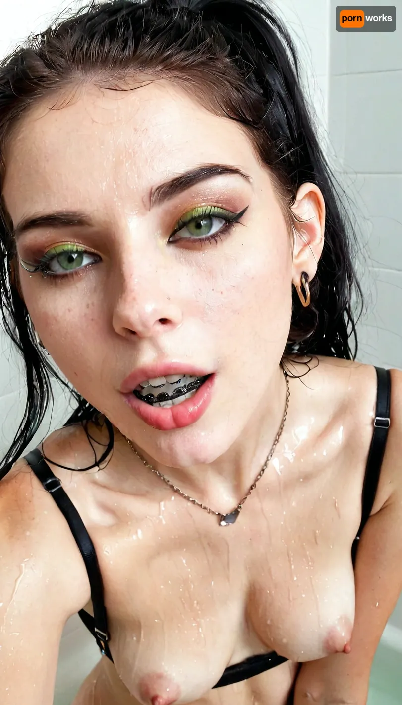 Breathtaking extremely junior very horny 19 year old American Goth girl, medium fake breasts out, athletic body, perfect skinny body sharp nose, smooth silky long hair rectangular face, wide mouth, full lips, dark makeup, black hair and pale skin, tattooed, expensive hairstyle, expensive earrings, beautiful necklace, thin eyes, green eyes, pale skin, freckles, big cheekbones, slim, deep dimples, cute chin, kind eyes, white teeth, detailed faces, Black eyeliner. Heavy bronze eyeshadow. BREAK
realistic eyes. Sultry expression. Tousled, high ponytail. Eye contact, (sultry), confident. Petite, athletic, sweaty. Photorealistic, runny eyeliner, smooth wet pussy, braces, teeth, Kodak Portra 400 color film. Nostalgic, film-grain aesthetic., with an overall underexposure of 1-2 stops to accentuate the darkness and isolation of the environment., <lora:braces-sdxl:1.4>, <lora:SDXL_BetterFaces-LoRA_v1:.8>