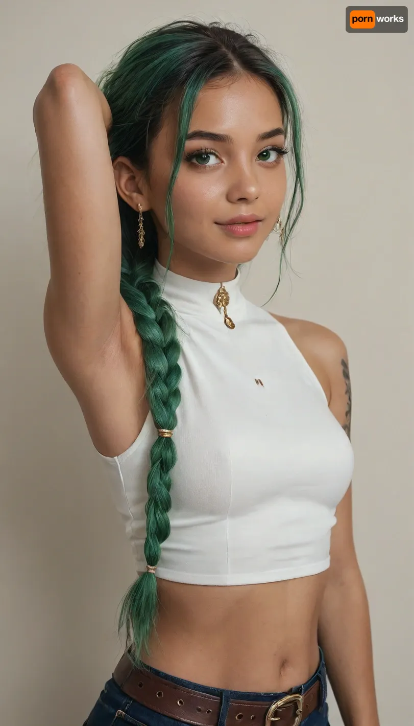 1girl, solo, long hair, looking at viewer, smile, open mouth, bangs, simple background, shirt, hair ornament, jewelry, very long hair, closed mouth, green eyes, white shirt, upper body, ponytail, braid, multicolored hair, earrings, parted lips, green hair, sleeveless, alternate costume, choker, midriff, belt, pants, dark skin, mole, arm up, collar, from side, dark-skinned female, lips, crop top, looking to the side, eyelashes, mole under eye, sleeveless shirt, single braid, tattoo, makeup