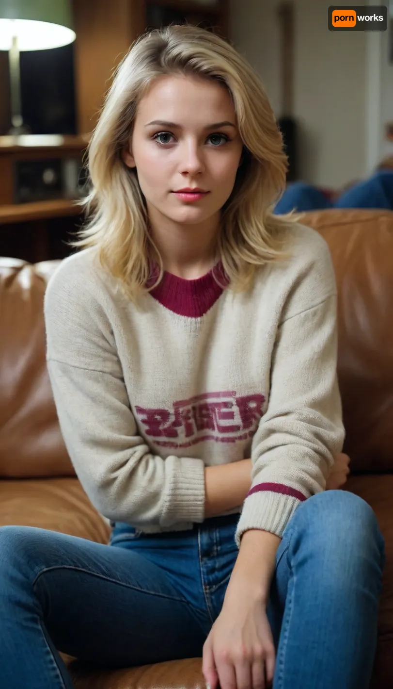 beautiful blonde, sitting on the couch, in jeans, sweater, (photo in the style of the 80s), photo on a film camera, the quality of a film camera, (dim lighting), . retro photos, film interference, (blurred image), poor lighting, poor photo quality