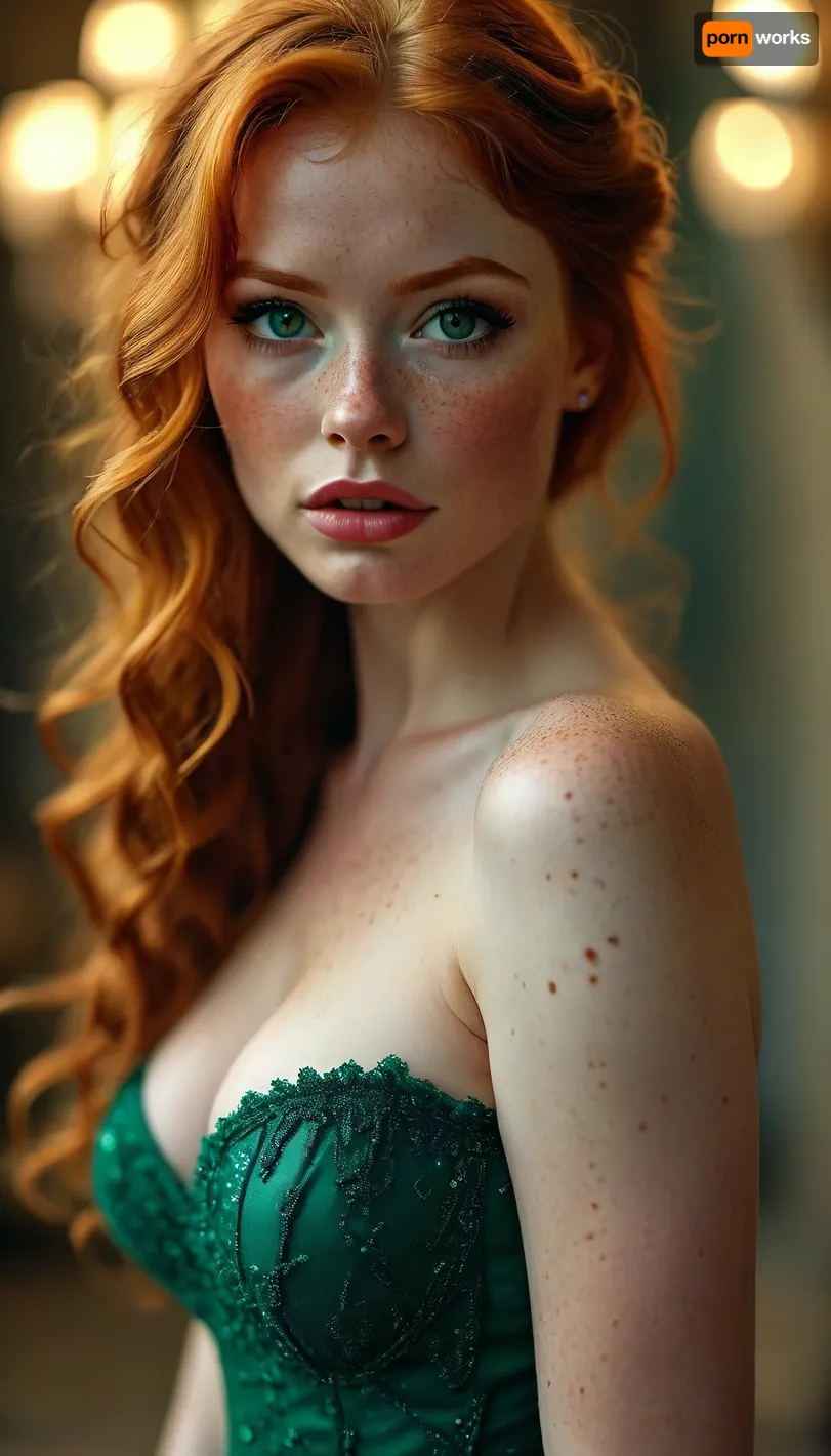 Busty redhead in an emerald green prom dress, green eyes, plump lips, young, ginger, freckles, wide hips, big ass, ((perky butt)), muscular ass, toned ass, but, <lora:MJ52:.5>, <lora:BUT_SDXL_SHS:.5>