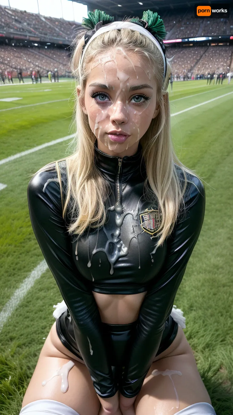 Solo, 1girl, masterpiece, (perfect lighting:1.4), (skinny:1.4), (ultra detailed face:1.4), (ultra high detailed cheerleader outfit:1.4), 8k, (slutty cheerleader outfit in, (black, white, green), , :1.4), (high resolution:1.4), (25 year old cheerleader:1.4), body, 5ft, heavy makeup, blonde hair, blue eyes, tanned skin, hairband, thigh high socks, (tons of cum:1.4), bukkake, American Football field, outside, grass, <lora:more_details:.5>, <lora:Lgirl-v6_500steps:1>, <lora:facialized:.5>, <lora:cum_b1:.5>, <lora:bukkake_v0.4:1>