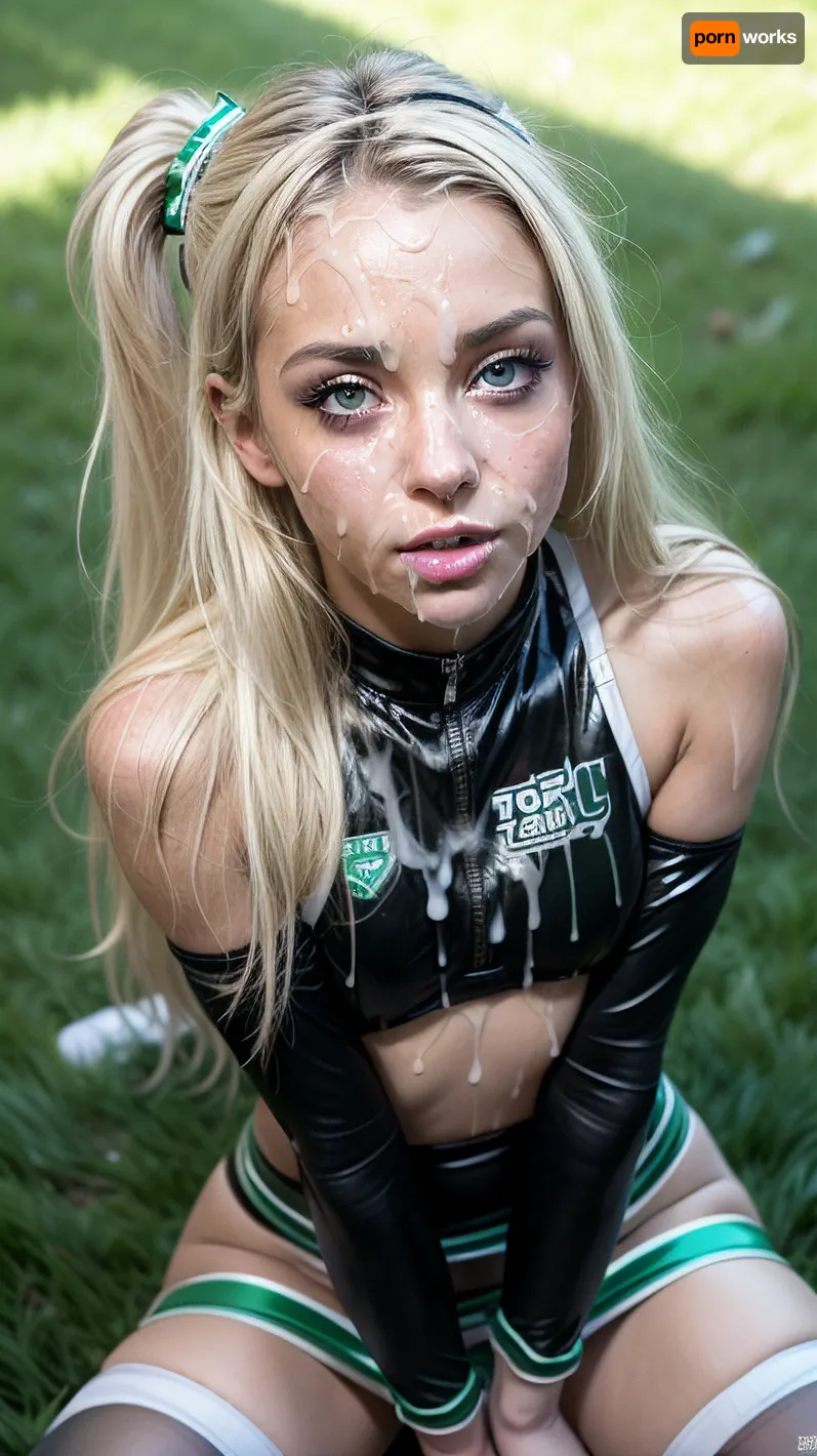 Solo, 1girl, masterpiece, (perfect lighting:1.4), (skinny:1.4), (ultra detailed face:1.4), (ultra high detailed cheerleader outfit:1.4), 8k, (slutty cheerleader outfit in, (black, white, green), , :1.4), (high resolution:1.4), (25 year old cheerleader:1.4), body, 5ft, heavy makeup, blonde hair, blue eyes, tanned skin, hairband, thigh high socks, (tons of cum:1.4), bukkake, American Football field, outside, grass, <lora:more_details:.5>, <lora:Lgirl-v6_500steps:1>, <lora:facialized:.5>, <lora:cum_b1:.5>, <lora:bukkake_v0.4:1>
