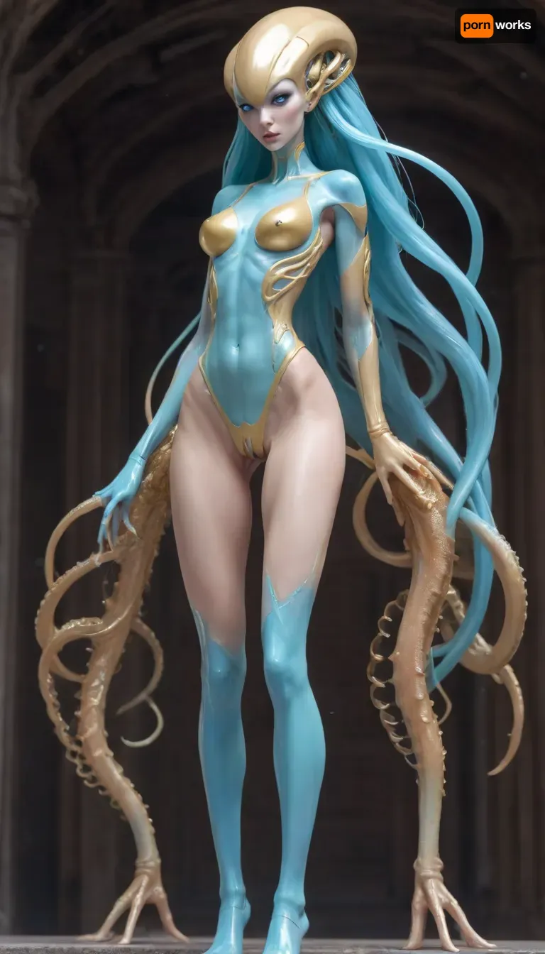 1 femalien posing, (front view), (large thin lips:1.3), (long ornate gold clothing:1.4), (extremely long tentacle hair:1.5), black hair, (small thin face:1.2), (ivory skin:1.4), (very long thick eyelashes:1.1), (bright iceblue eyes:1.4), (athletic alien body:1.6), collarbones, (earrings:1.1), (sexy medium breasts:1.3), (thin waist:1), (small nipples:1.2), (bubble butt:1.3), (thick muscular thighs:1.4), (extremely long legs:1.8), (long arms:1.6), (nude:1.3), (full body view:1.3), (massive creampie:1.2), (perfect eyes:1.3), 8k, space
512/3000, alien, species, futuristic, suit, electalien, artstyle, <lora:alien-species:.1>, <lora:157880_training_data:2>, <lora:Alien_God_V3:2>, <lora:Electric Alien - Trigger is ElectAlien Artstyle:2>