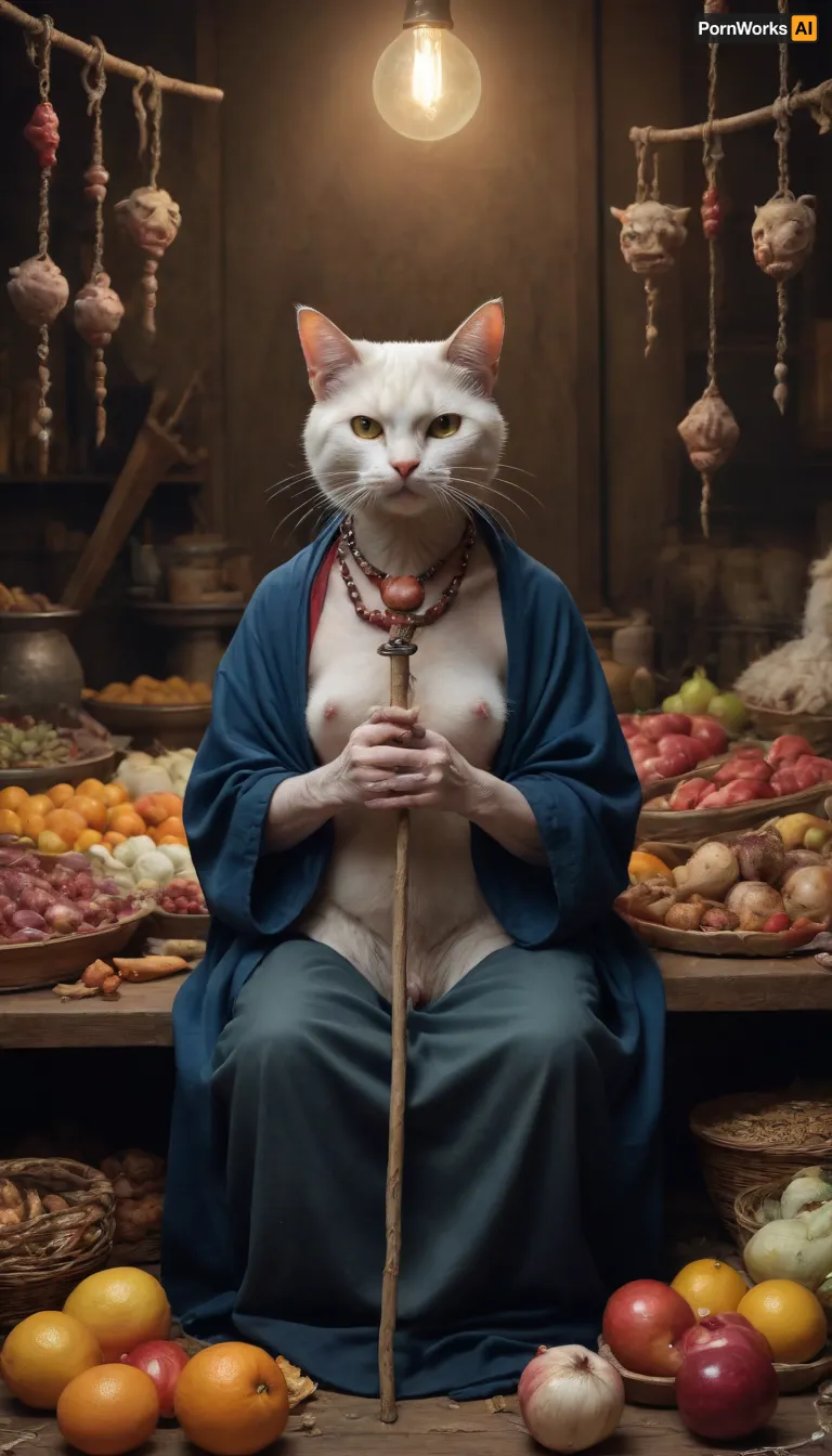 Painting by David Lopez, “Vanitas Vanitatum”, vaginal, markets cats on a stick, pussy old woman spectrale