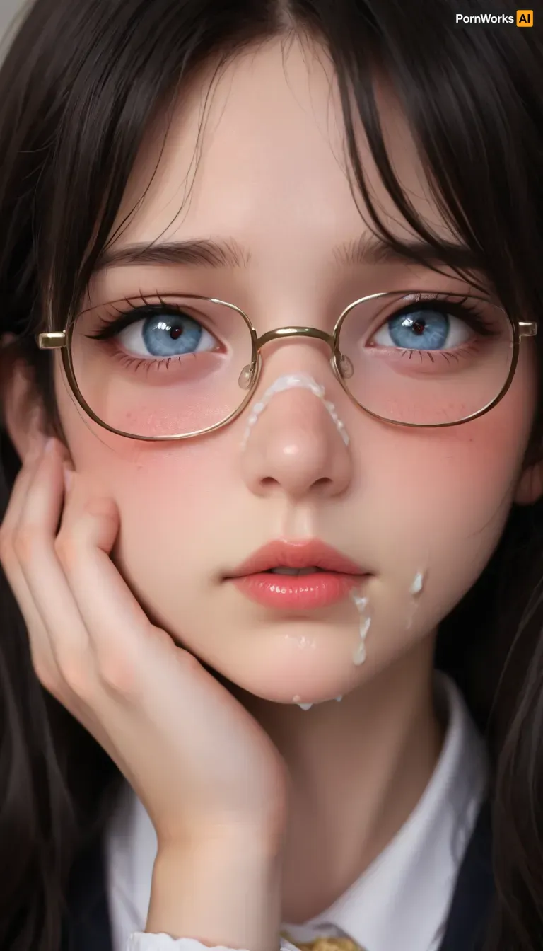 young girl, black hair, blush, (cum:1.6), cum on one eye, facial, glasses, long hair, solo, face in frame, touches cheek, sad, (blush:1.3), puffy lips, rainbow pupils, <lora:Rainbow_Pulp:.7>