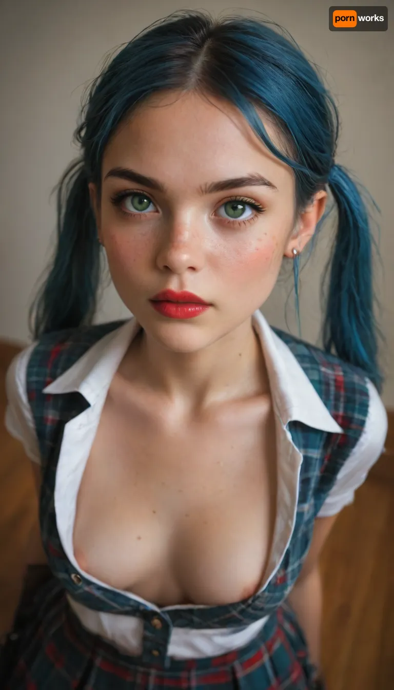 view from above, 18yo beauty, cute, green eyes, red lipstick, freckles, (very petite:1.8), angry, detailed HD pretty innocent beautiful face, pale skin, long pink and blue hair, pigtails, messy plaid School uniform, cleavage, big breasts, freckles on breasts, ((nipslip)), supermodel, face, big, lips, <lora:Beautify-Supermodel-SDXL:.8>, <lora:epicNewPhoto:.8>
