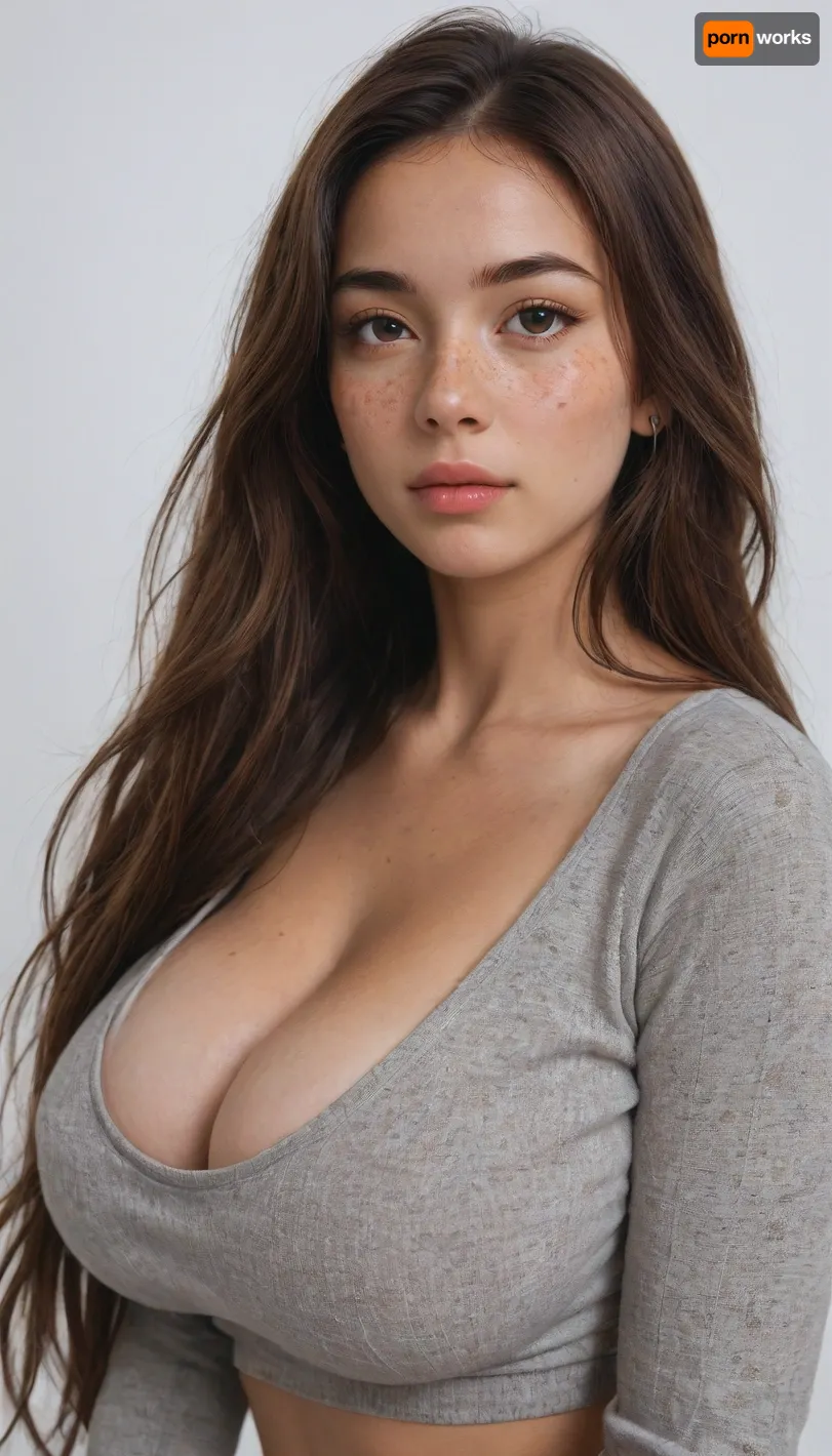 rich color palette, Asian girl, Tanned, strong build, gray knitted long sleeve top, (big breasts:1.8), (freckles:1.8), (long hair:1.8), (white background:1.8)