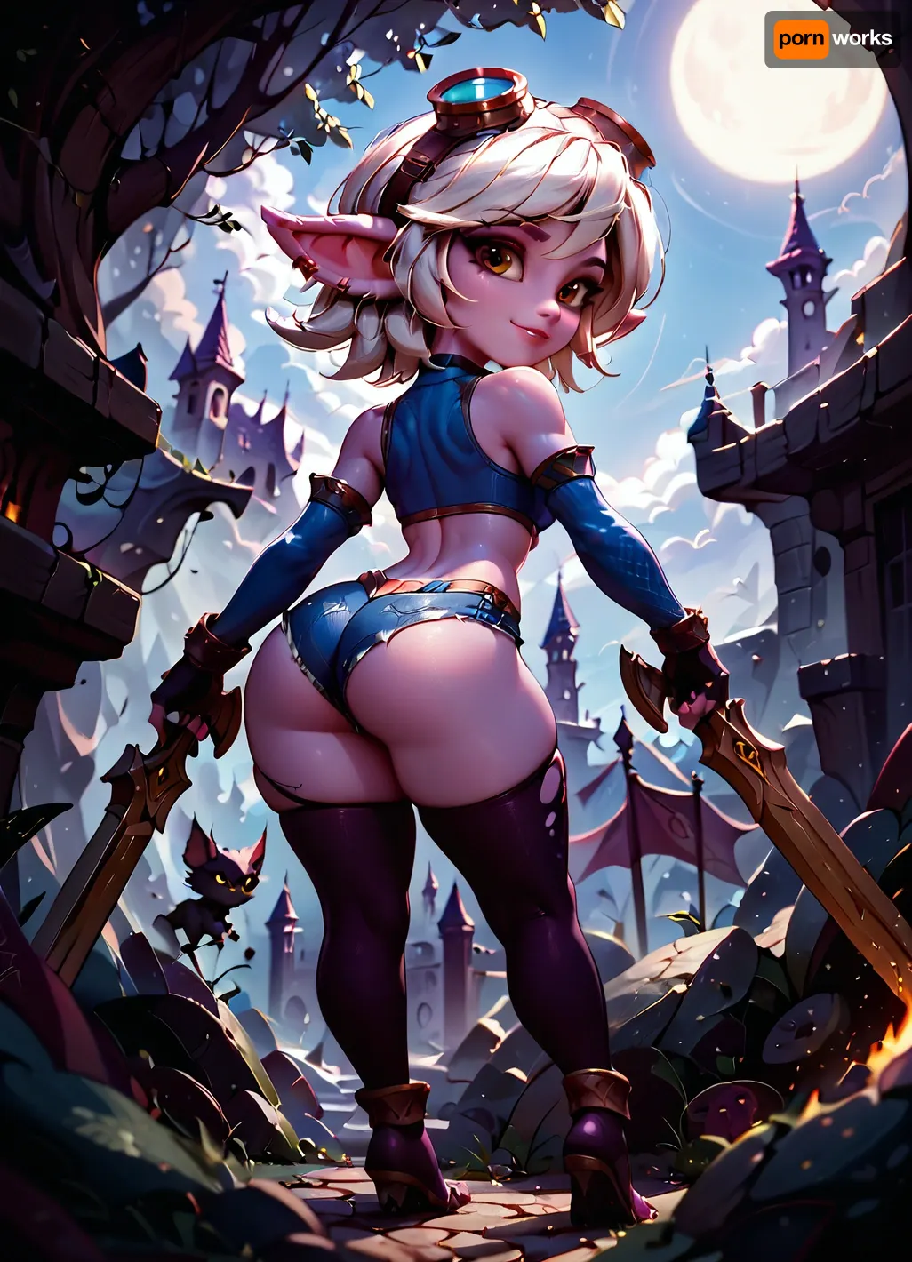 score_9, score_8_up, score_7_up, score_6_up, (detailed face, best quality, masterpiece), (((Tristana /), (league of legends /))), (solo), antique firearm, armor, ass, (bent over), big ass, black thighhighs, blunderbuss, breasts, colored skin, crop top, detached sleeves, fingerless gloves, (fishnet fabric), from behind, full body, gloves, goggles, goggles on head, greaves, gun, knee pits, looking at viewer, looking back, medium hair, planted, pointy ears, (purple skin), short hair, short shorts, shorts, small breasts, smile, solo, thick thighs, thighhighs fishnet, thighs, (tiptoes, toeless legwear), weapon, white hair, wide hips, yellow eyes, (miniature, short stature, (shortstack)), (((yordle /))), (<lora:princess_xl_v2:1.4>), (Asura Style), big eyes, anime style, (<lora:add-detail-xl:1.5>), (((close up))), concept art, dark theme, low light, (<lora:Concept Art DarkSide Style LoRA_SeaArt Furry XL 1.0:1>), torn pantyhose, head tilt