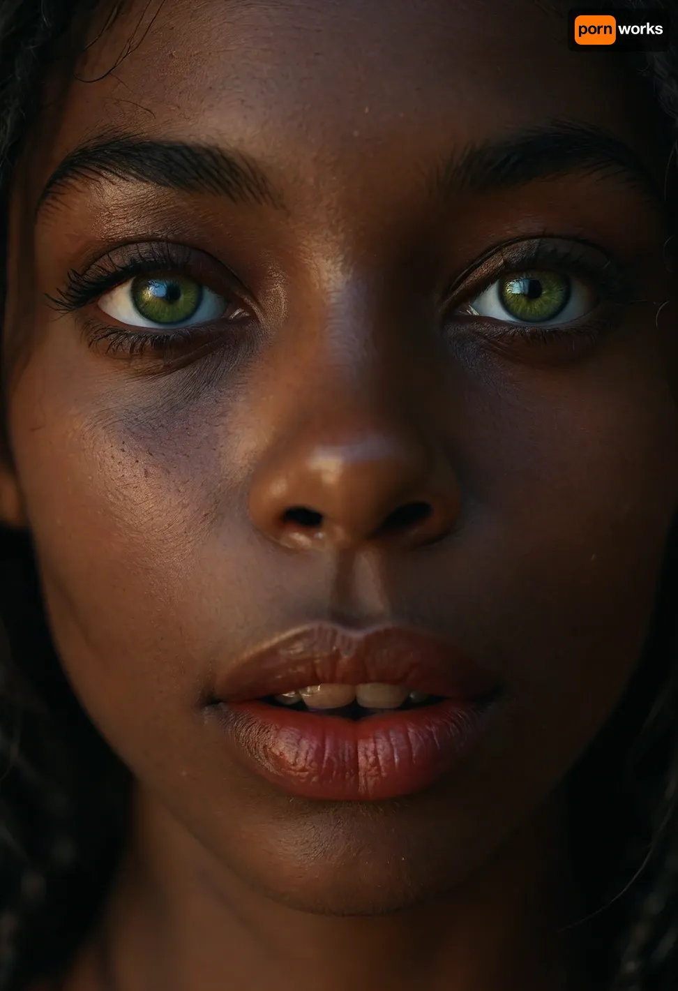 Young deeply black woman extreme close up face, silent smile, incredibly beautiful face, stunning, hot, naughty, horny, (cum on lips:1.2), ultra realistic skin, ultra realistic lips, ultra realistich green eyes, (ultra dark skin:1.6), black dreadlocks, adoring eyes, 4ng3l, face, black background, <lora:SDXL_BetterFaces-LoRA_v1:.5>, <lora:MJ52:.3>