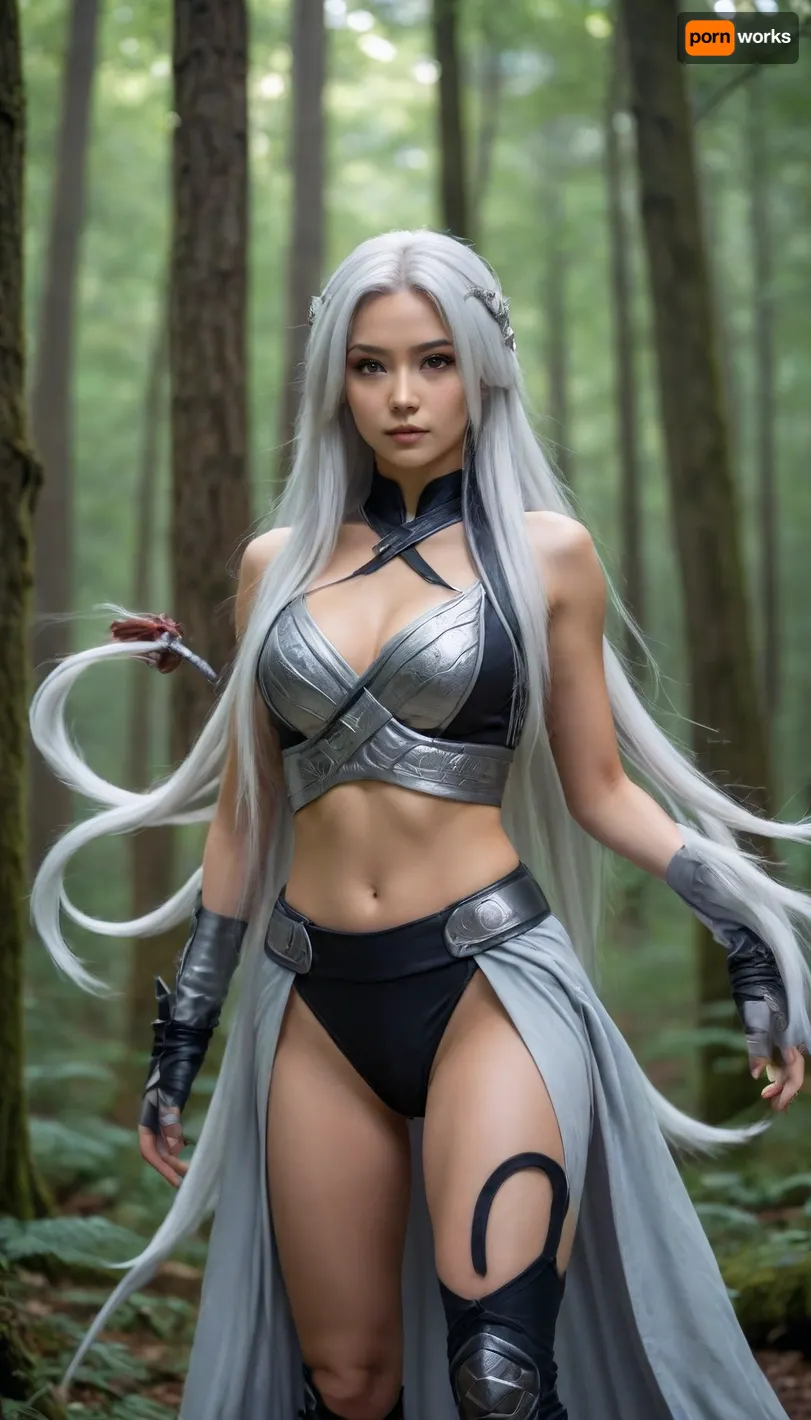 Attractive and beautiful lady fo.x with nine tails wearing a ninja two-piece outfit with long silver hair ready for combat. in the midst of a mystical forest.