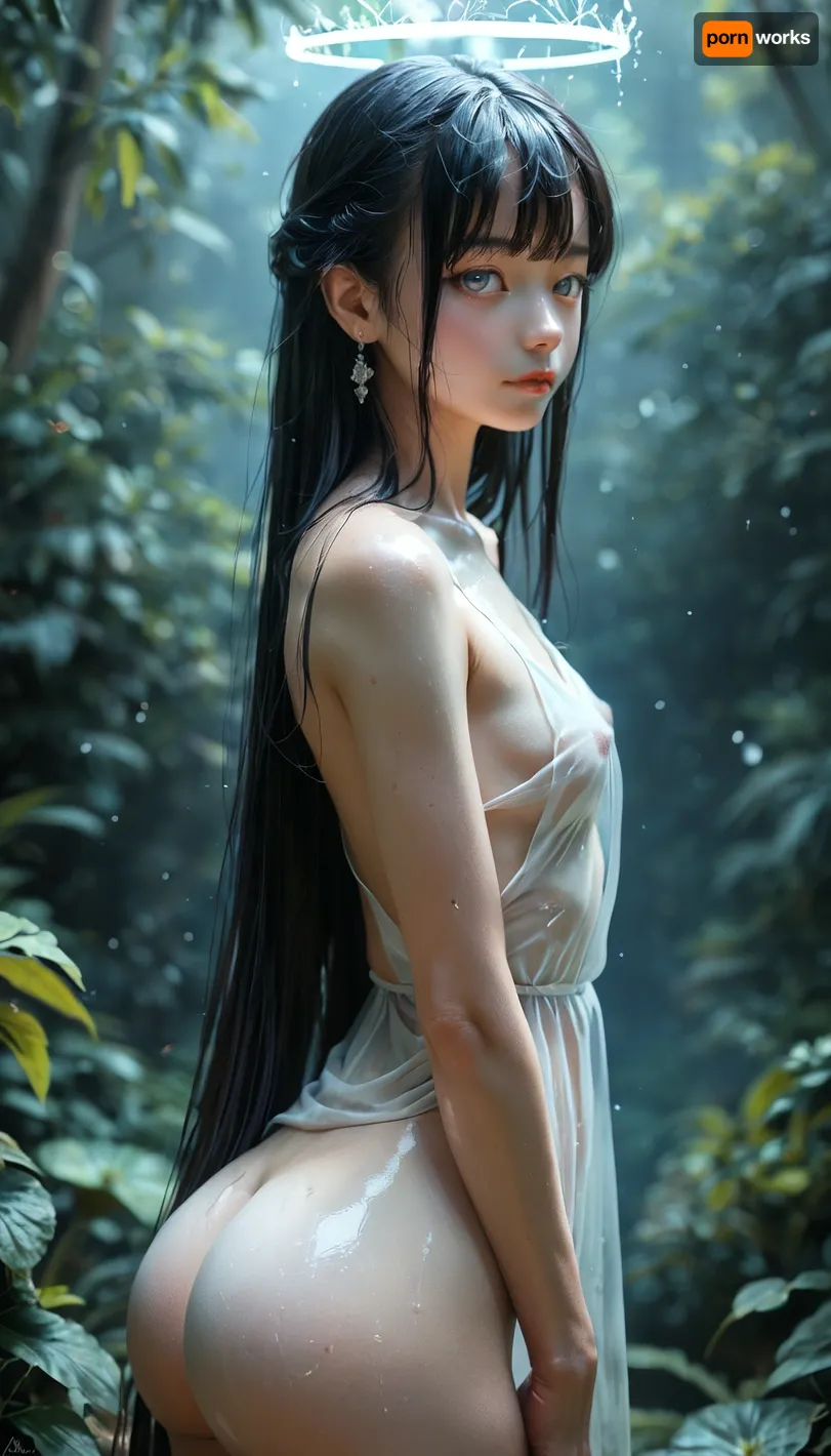 Rating_explicit, ethereal fantasy photography, (score_9, score_8_up, sharp focus, masterpiece, perfect eyes), young face, (young adult:1.5), (young:1.5), high resolution, perfect limbs, anatomically accurate, Super realistic, perfect lighting, (best shadow), 8K, UHD, clear image, (best lighting), highest quality, ultra-detailed images, Japanese, Incredibly beautiful girl naked, (bangs messy long black hair), (very long hair), realistic Japanese face, (Japanese girl Naked), cute face, (grey eyes), skinny, (white skin), (glossy skin), (((thick))), ((round ass, thick waist, big butt)), ((small_breasts)), flat, chested, big waist, (Shapely body), wide hips, perfect skin, perfect face, seductive pose, (her face and expression showing a mix of submission and ecstasy and exhaustion), ((half open eyes)), (lustful face), luscious sensual lips, natural beauty, eternal beauty, ((see-through fabric)), perfect anatomical body, transparent dress that gently flows around her, capturing the ethereal glow of the light. The scene is set in a serene, minimalist environment, where the focus is on the interplay of light and shadow. The soft illumination creates a halo effect around, highlighting the intricate details and adding a sense of mystery and elegance to the composition, ((from side)), close-up, Legacy lighting, bright 1-alpha .5>, lora, quality, SDXL_BetterFaces-LoRA_v1, .5>, <lora:lora-sdxl-perfect-eyes:.8>, <lora:reallora1:.5>, <lora:Oxygen girl_SDXL1.0:.5>, <lora:MJ52:.8>, <lora:BUT_SDXL_SHS:.8>