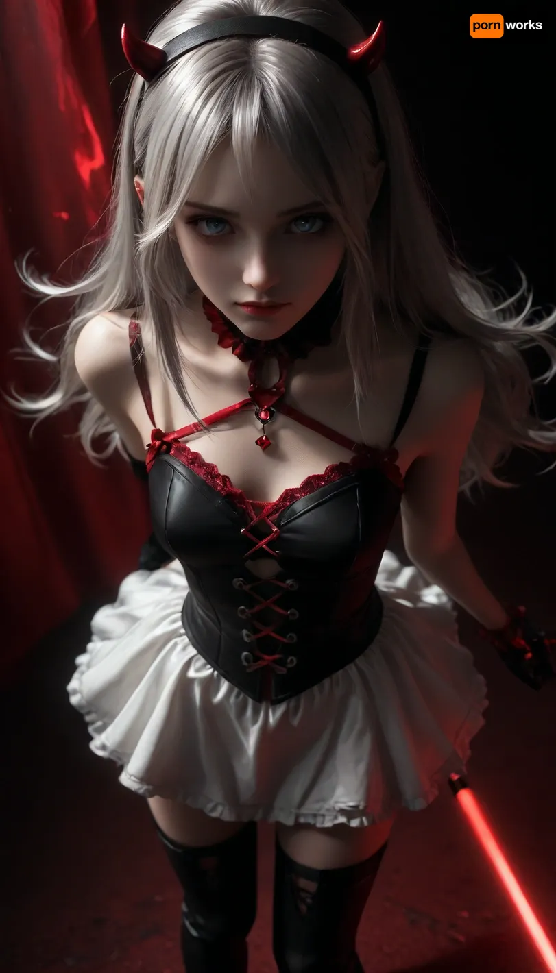 UHD 8K, Gothic girl, cute, charming girl, looking directly at the viewer, a light inviting smile, slender figure, (small demonic horns), black+red Long satin dress with ragged edges, beautiful elastic ass, sexy feminine hips, sexy legs, small breasts in leather bra, in red armor corset, black sexy lace stockings, torn stockings, red glowing pupils, all in black+red shades, black+red long hair, black+red eyes, black+red makeup, black+red jewelry, black+red glowing background, flat, chested, multicolour glossy black+red, High Quality, Carlotta from Wuthering Waves, slender body, Medium breasts, long Silver hair, greyish blue eyes, red and black hairband, White Sleeveless Dress, Red Shoal, thigh-high black boots and bold black stockings, Above view, (((Long Silver Hair:1.5))), Carlotta, def, white, dress, 1girl, thighhighs, long, silver, hair, black, footwear, gloves, <lora:dark:-1>, <lora:flat_chested_v3.5:.7>, <lora:scarlem:.7>, <lora:EnvyZoomSliderXL01:2>, <lora:Carlotta-noob-Tanger:.8>