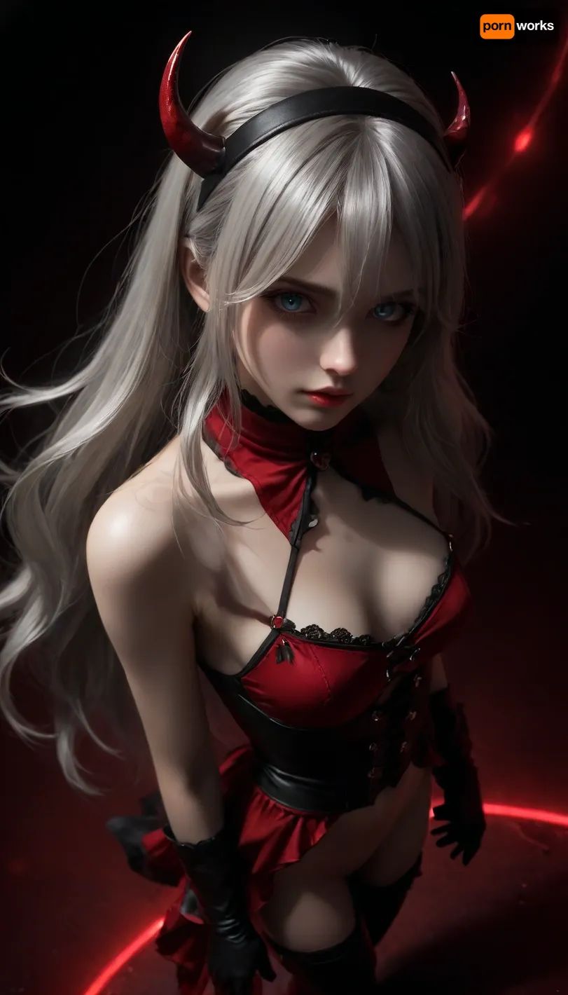 UHD 8K, Gothic girl, cute, charming girl, looking directly at the viewer, a light inviting smile, slender figure, (small demonic horns), black+red Long satin dress with ragged edges, beautiful elastic ass, sexy feminine hips, sexy legs, small breasts in leather bra, in red armor corset, black sexy lace stockings, torn stockings, red glowing pupils, all in black+red shades, black+red long hair, black+red eyes, black+red makeup, black+red jewelry, black+red glowing background, flat, chested, multicolour glossy black+red, High Quality, Carlotta from Wuthering Waves, slender body, Medium breasts, long Silver hair, greyish blue eyes, red and black hairband, White Sleeveless Dress, Red Shoal, thigh-high black boots and bold black stockings, Above view, (((Long Silver Hair:1.5))), Carlotta, def, white, dress, 1girl, thighhighs, long, silver, hair, black, footwear, gloves, <lora:dark:-1>, <lora:flat_chested_v3.5:.7>, <lora:scarlem:.7>, <lora:EnvyZoomSliderXL01:2>, <lora:Carlotta-noob-Tanger:.8>