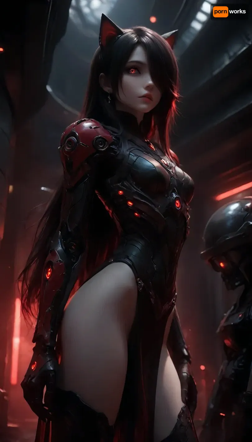 (1 extremely beautiful girl standing in a spaceship with red lighting:1.3), (black sclera eyes), (wide angle), side view, (big thin beautiful lips), (extremely small beautiful face), (hair covering one eye:1.3), (black hair), (perfect long flat hair), (extremely straight hair), (robotic black mech armor with loincloth:1.2), (fully clothed:1.3), (extremely pale skin:1.4), (extremely white lips:1.2), very long thick eyelashes, (extremely beautiful petite body:1.3), collarbones, multiple big necklace, earrings, (cute small breasts:1.3), small waist, (cute bubble butt:1.3), (extremely thin muscular thighs:1.3), long legs, (extremely perfect big beautiful eyes:1.8), (perfect face:1.3), (8k), (extremely dark spaceship), dark, chiaroscuro, low-key, UHD 8K, extreme realism, maximum detail, Gothic girl, cute, charming girl, looking directly at the viewer, a light inviting smile, slender figure, (Elegant cat ears:1.5), black+red Long satin transparent dress, dress with ragged edges, beautiful elastic ass, sexy feminine hips, sexy legs, small breasts in lace armor bra, in red armor corset, black sexy lace stockings, torn stockings, red glowing pupils, all in black+red shades, (Multicolour Ruby Rose Hairstyle), black+red eyes, black+red makeup, black+red jewelry, black+red glowing background, multicolour glossy black+red, flat, chested, <lora:flat_chested_v3.5:1>, <lora:Mecha_Ggorgeous_Armor-000011:.9>, <lora:Image Enhancer XL Extreme v1:.1>, <lora:zavy-cntrst-sdxl:.8>, <lora:dark:.1>