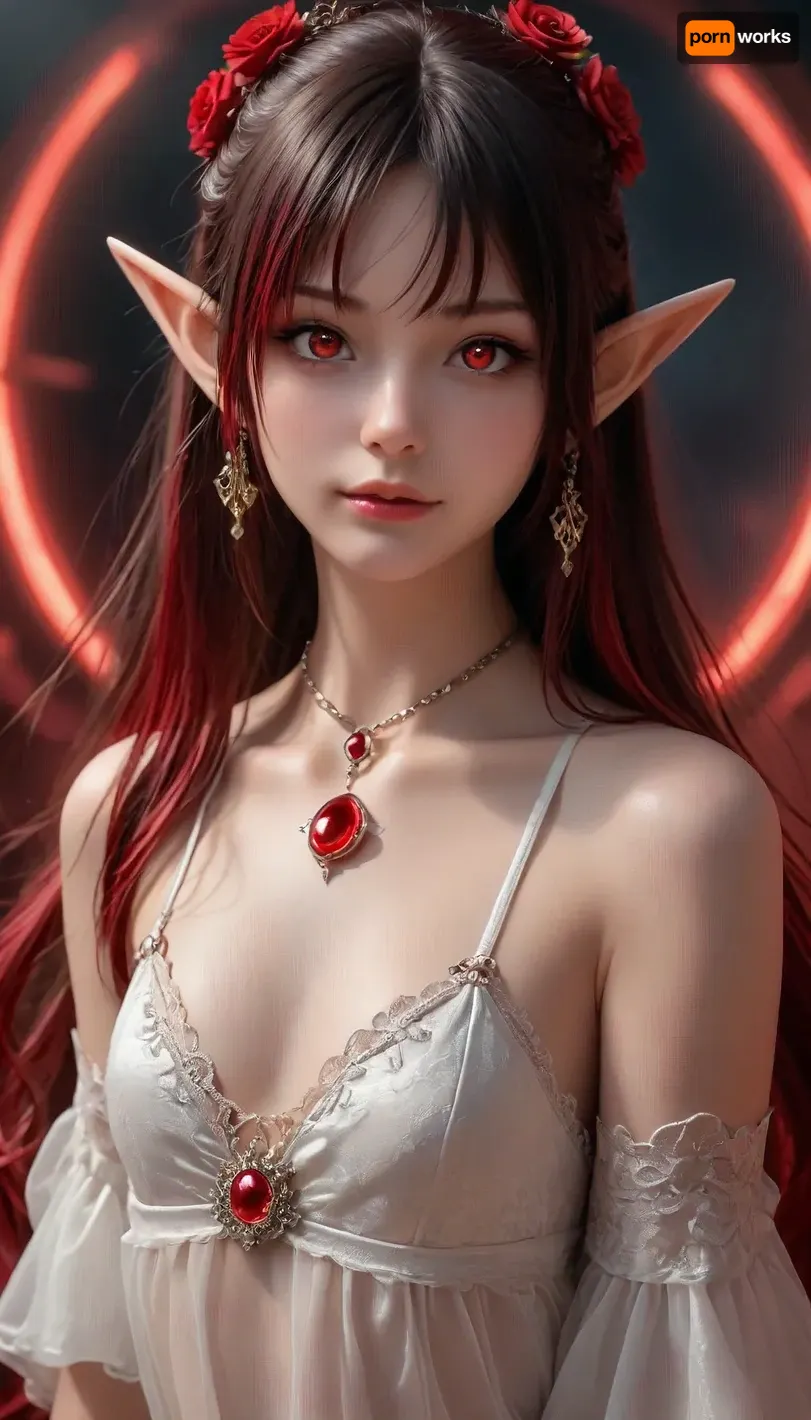 A surreal, fantasy-inspired woman with multicolored flowing hair in neon pink, purple, electric blue, and green, two large curled iridescent horns adorned with glittering bands and jewel-like ornaments, elaborate fantasy headpiece with beads and wrapped fabrics, glowing green eyes with bold eyeliner and dramatic lashes, heart-shaped sunglasses with sparkling pink lenses and gem-crusted rims, ethereal festival makeup with soft pink lips and perfect skin, layered gem-encrusted chokers and necklaces, long ornate earrings, a revealing, low cut jewel-covered top, cleavage, floral tattoo on upper arm, vibrant Burning Man-inspired fashion, glowing sunlight in a desert dreamscape, high-resolution, hyperreal textures, vibrant color palette, magical and whimsical aura, fantasy-meets-cosmic festival aesthetic, UHD 8K, extreme realism, High skin texture, photorealistic, maximum detail, Gothic girl, cute, charming girl, looking directly at the viewer, a light inviting smile, slender figure, (Elegant elf ears:1.5), beautiful elastic ass, sexy feminine hips, sexy legs, black sexy lace stockings, red glowing pupils, all in black+red shades, (Multicolour Ruby Rose Hairstyle, very long hair), black+red eyes, black+red makeup, black+red jewelry, black+red glowing background, multicolour glossy black+red, flat, chested, <lora:flat_chested_v3.5:1>, <lora:scarlem:1>, <lora:EnvyZoomSliderXL01:2>