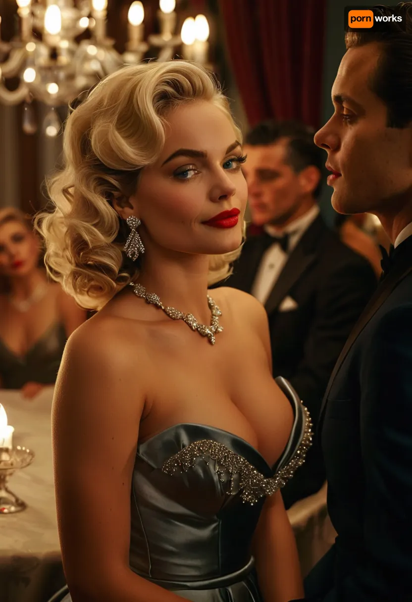 (masterpiece, best quality, ultra-detailed, photorealistic, vintage Hollywood glamour), two glamorous women at a formal evening party, 1950s retro style, sitting together at an elegant table under a sparkling chandelier, one woman with short black curly hair, pale flawless skin, striking light blue eyes, bold red lipstick, sculpted cheekbones, wearing a dark navy strapless satin gown with a sweetheart neckline, diamond necklace and earrings, holding a glass in her hand, elegant posture, confident expression, the other woman standing beside her with platinum blonde voluminous shoulder-length hair styled in soft waves, bright blue eyes, radiant smile, dramatic eyeliner, glossy pink lips, pale luminous skin, extremely voluptuous figure with large exposed cleavage, very tight and revealing silver satin dress with spaghetti straps, plunging neckline showing large round breasts, diamond chandelier earrings, hand resting lightly on her hip, both women exuding charm and charisma, softly blurred background with other guests, elegant vintage atmosphere, warm cinematic lighting, detailed textures, signed photo, <lora:MJ52:1>, <lora:SDXLHighDetail_v6-000005:1>